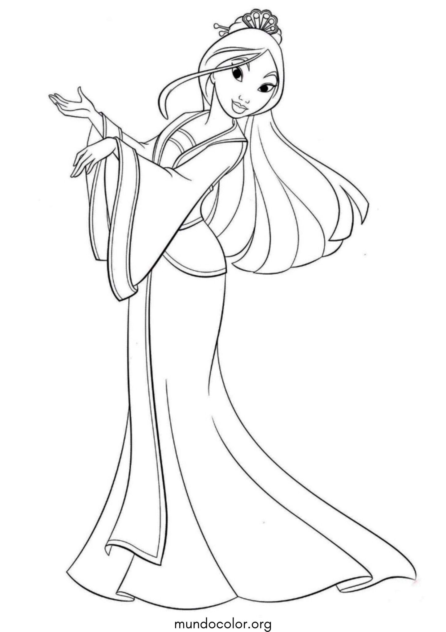 Dibujo de Mulan con traje tradicional chino para colorear