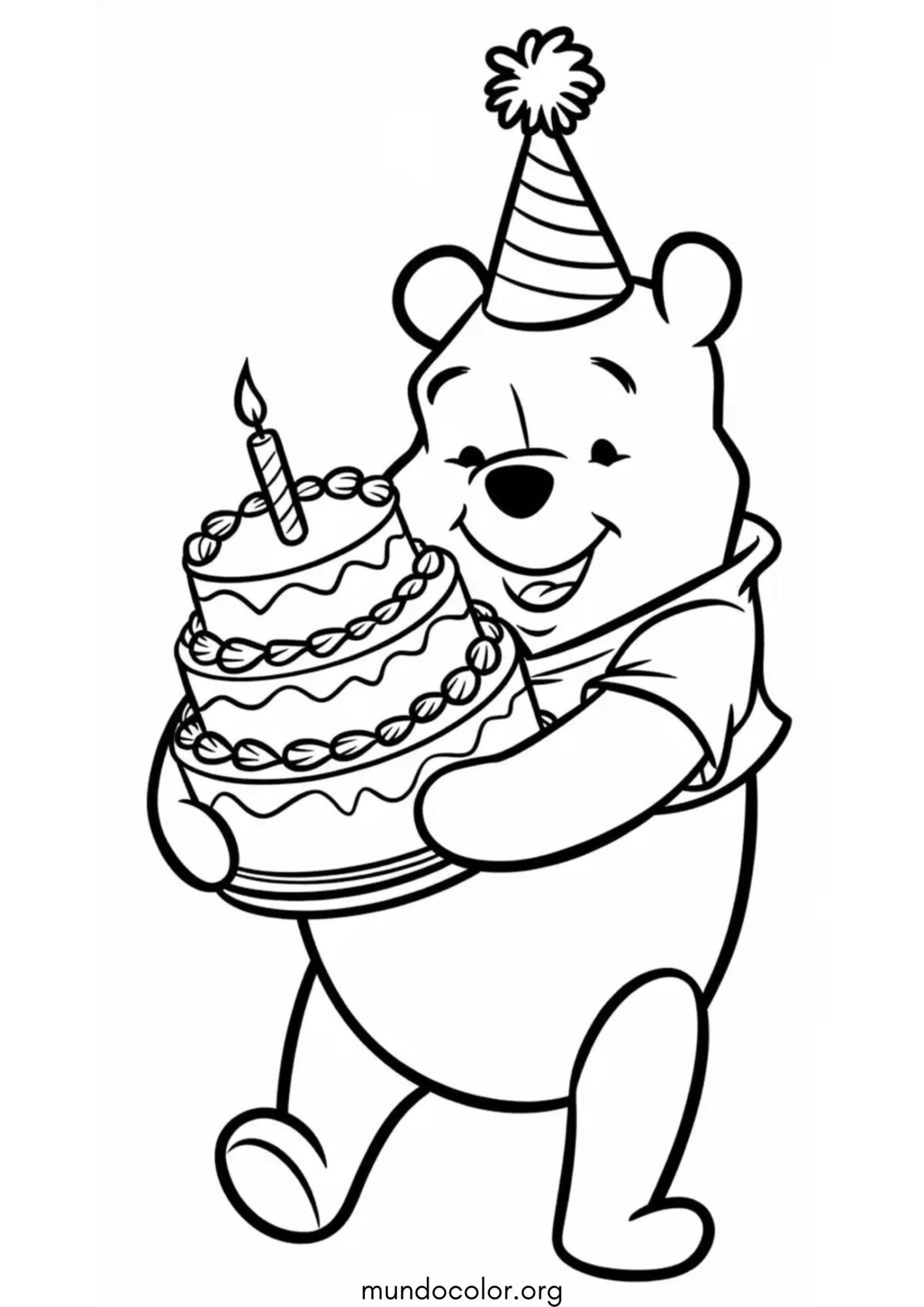 Dibujo de Winnie Pooh con tarta de cumpleaños para colorear