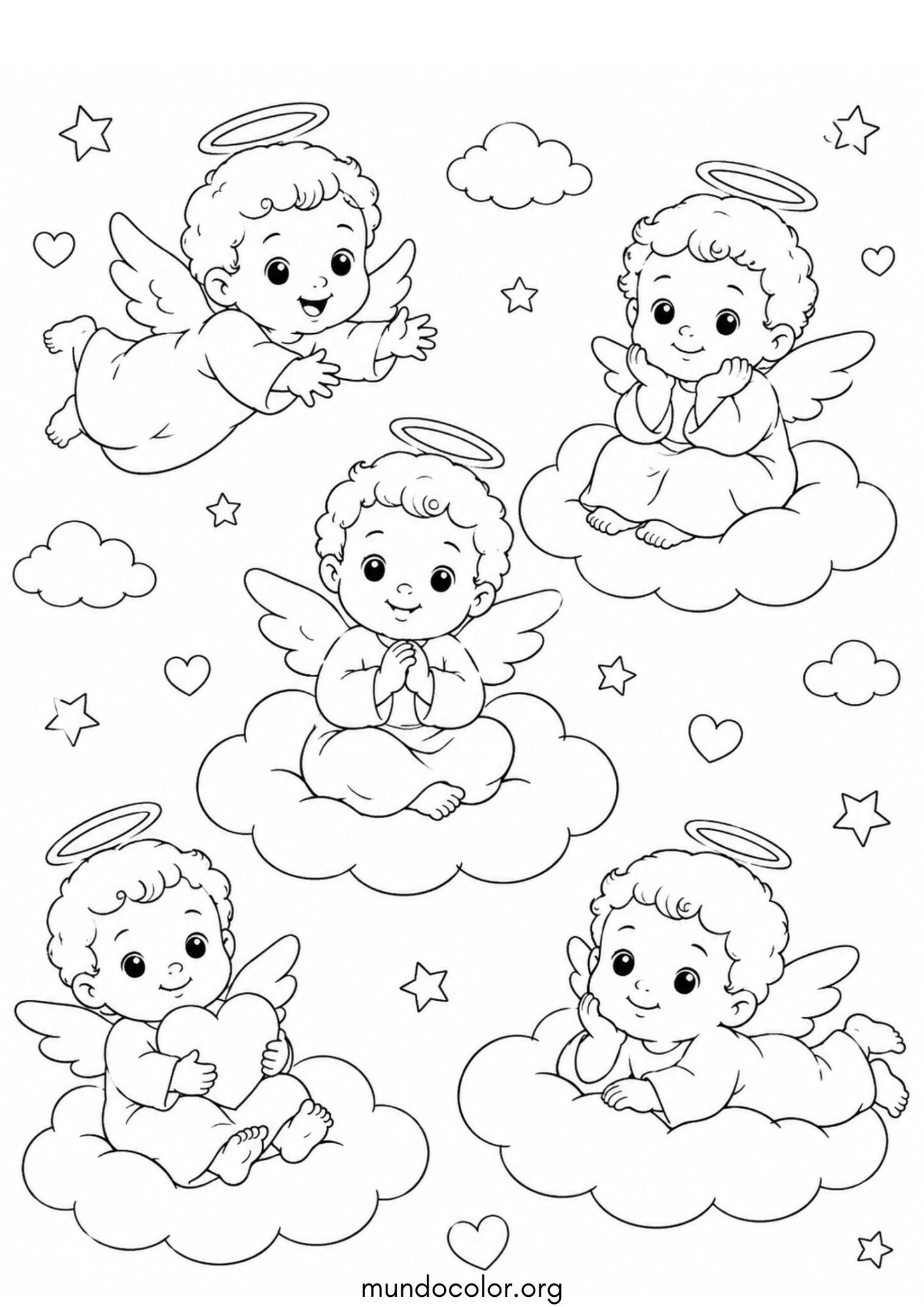 Dibujo de Angelitos tiernos en las nubes para colorear