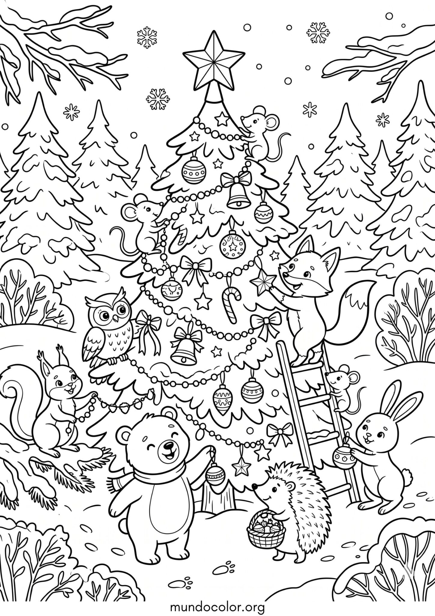 Dibujo de Animales del bosque decorando el árbol de Navidad para colorear