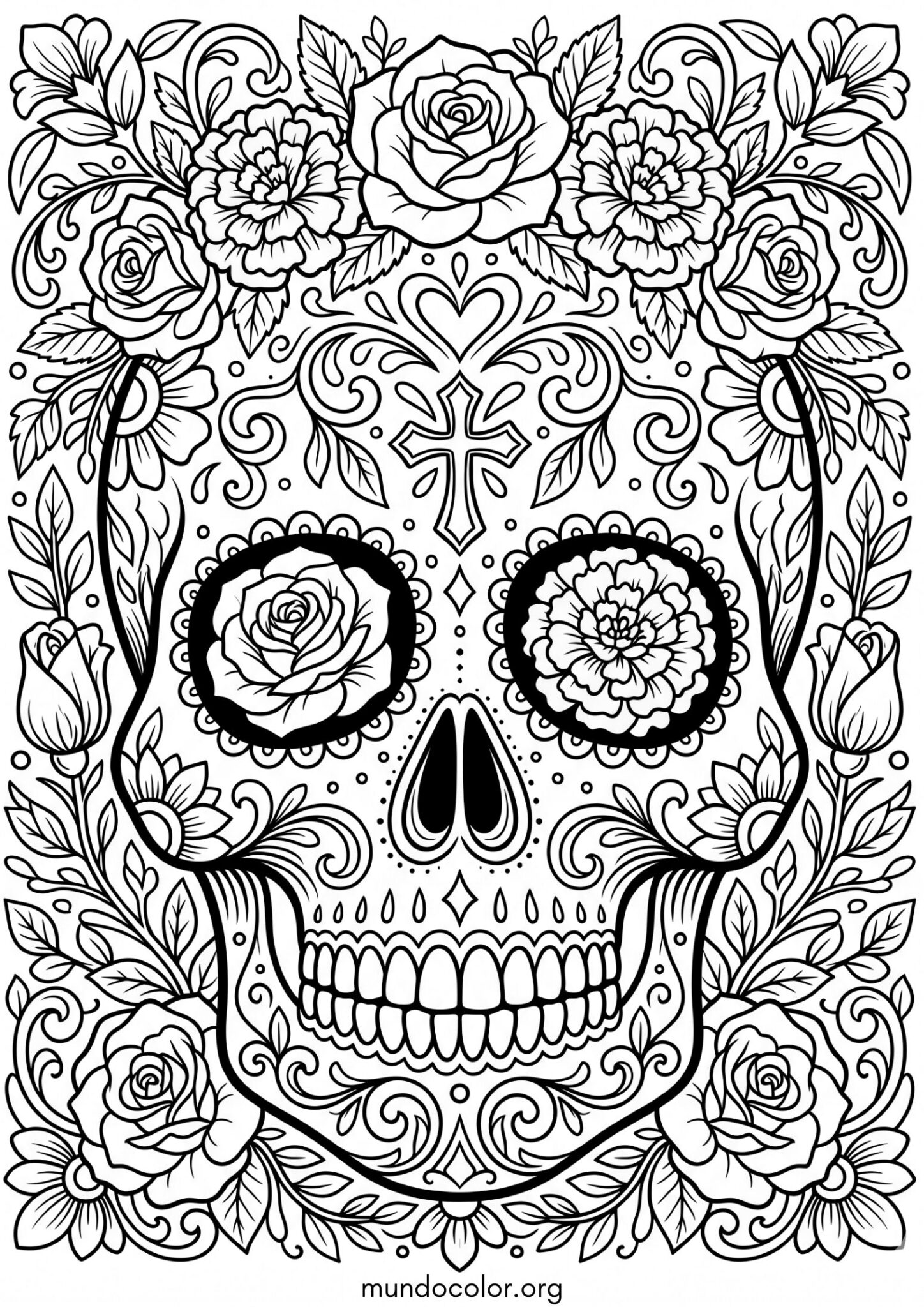 Dibujo de Calavera mexicana con flores para colorear