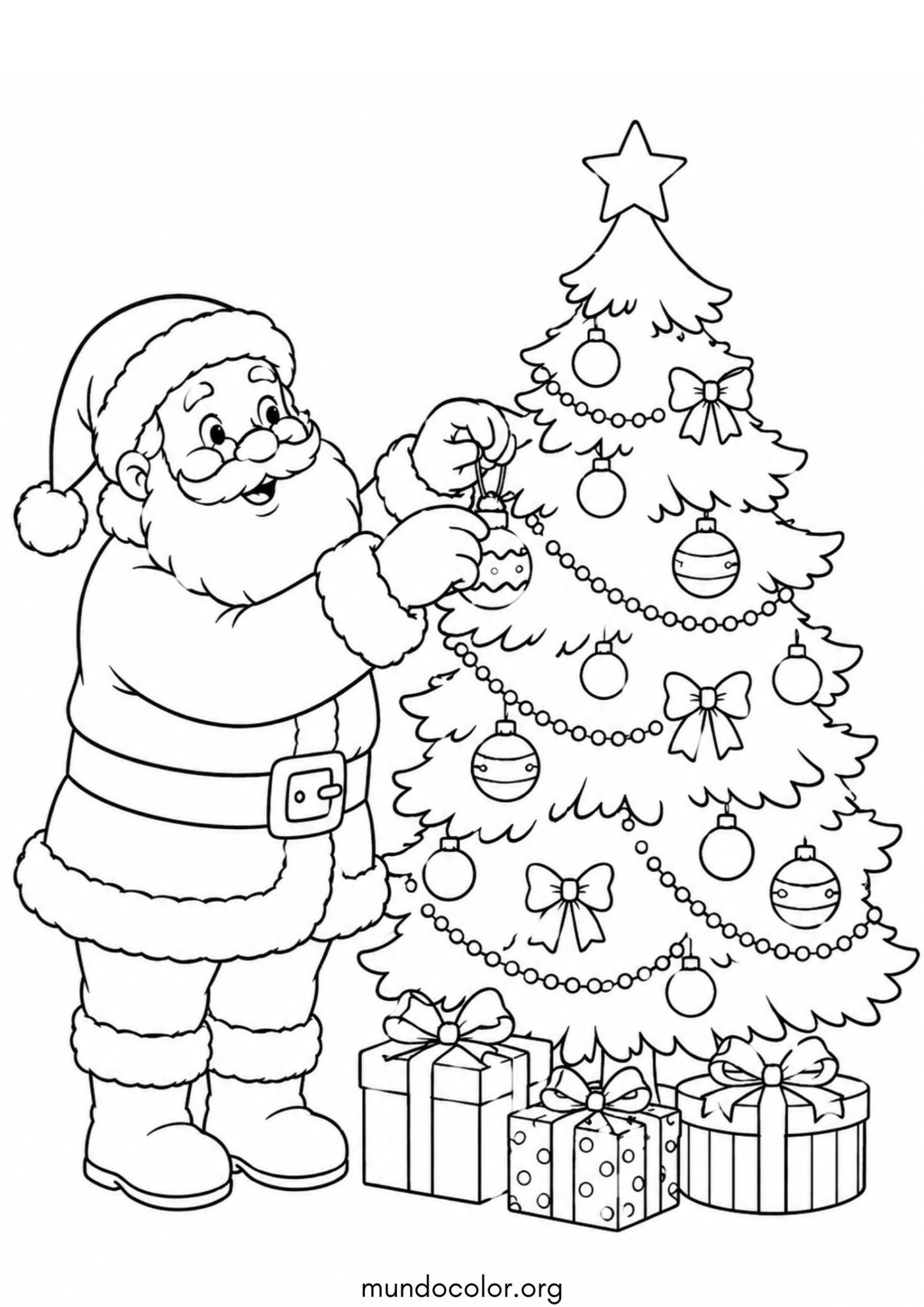 Dibujo de Papá Noel junto al árbol de Navidad para colorear