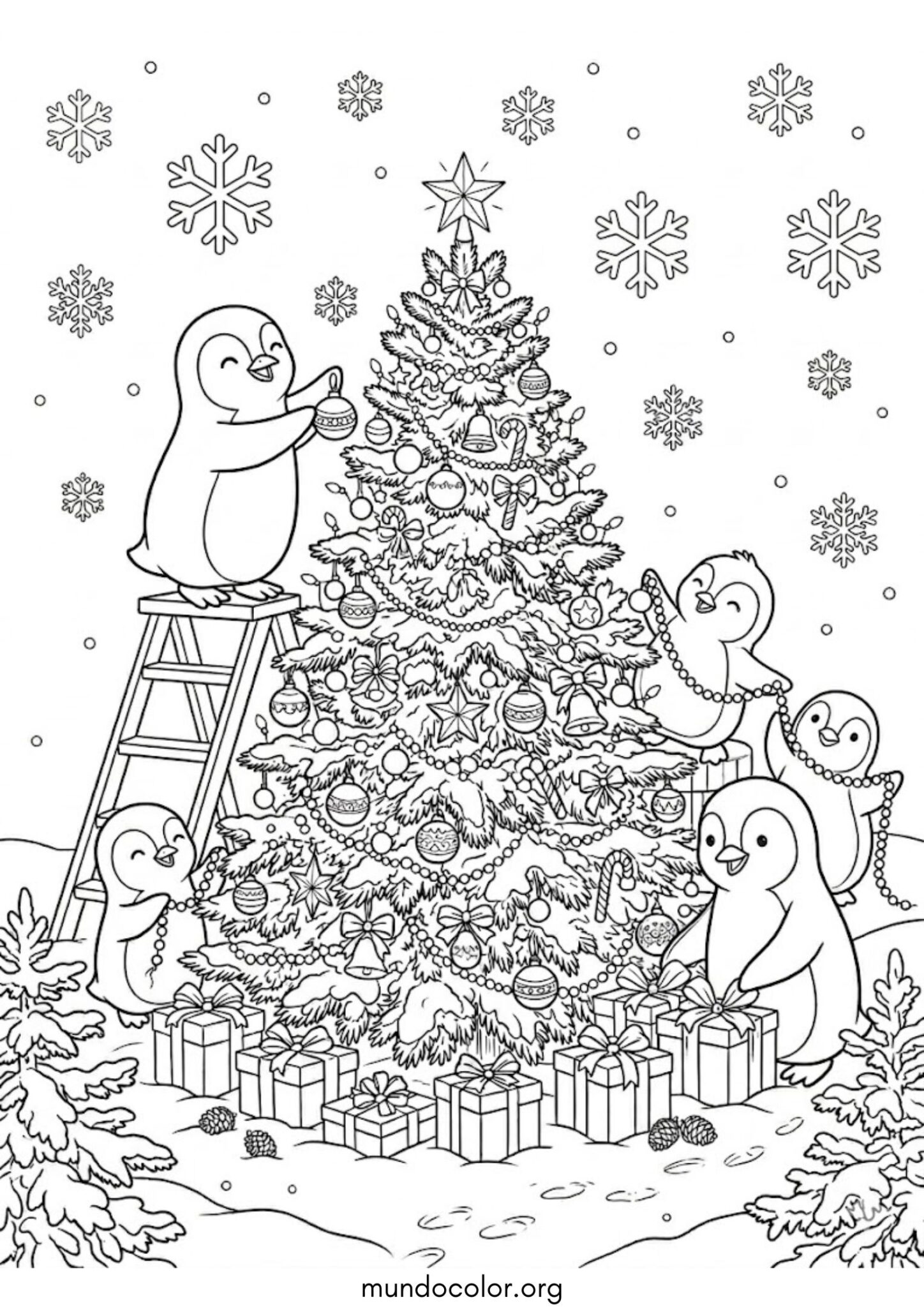 Dibujo de Pingüinos decorando el árbol de Navidad para colorear