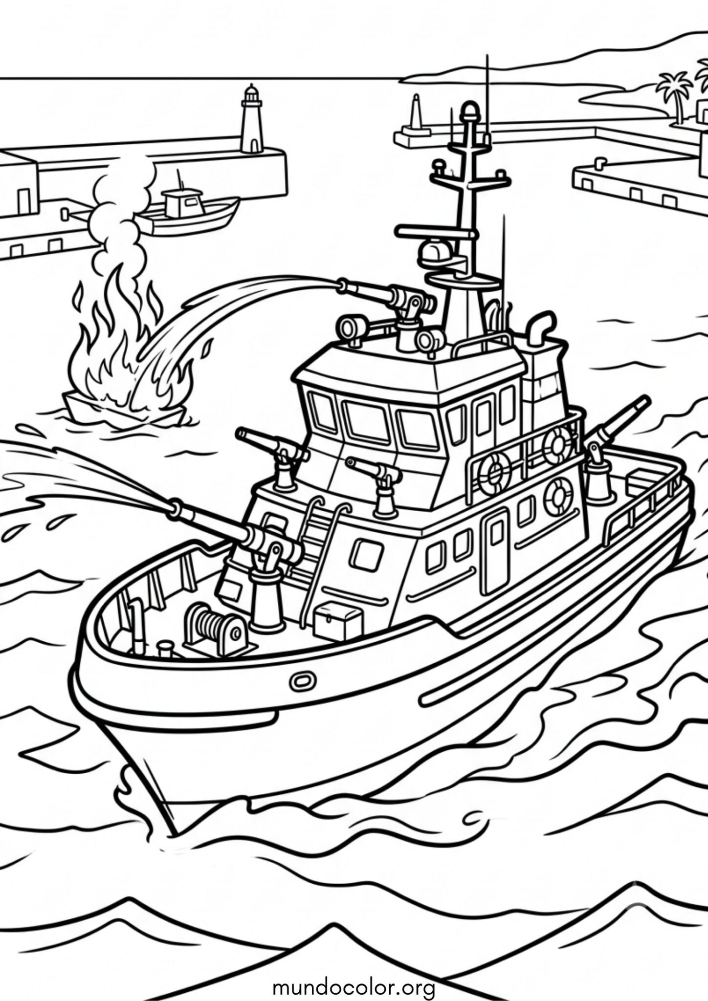 Dibujo de Barco de bomberos apagando fuego en el mar para colorear