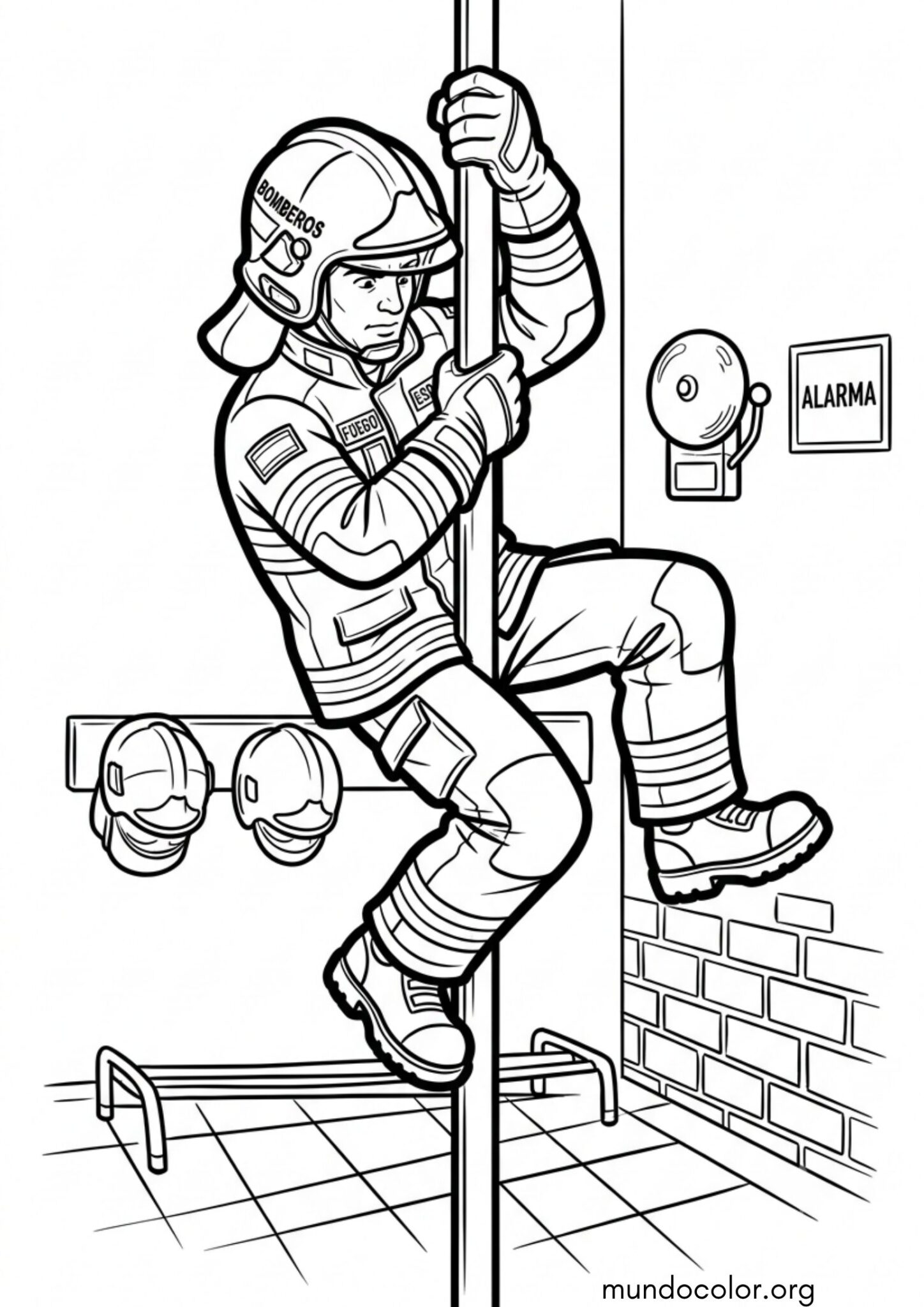 Dibujo de Bombero bajando por el tubo de la estación para colorear