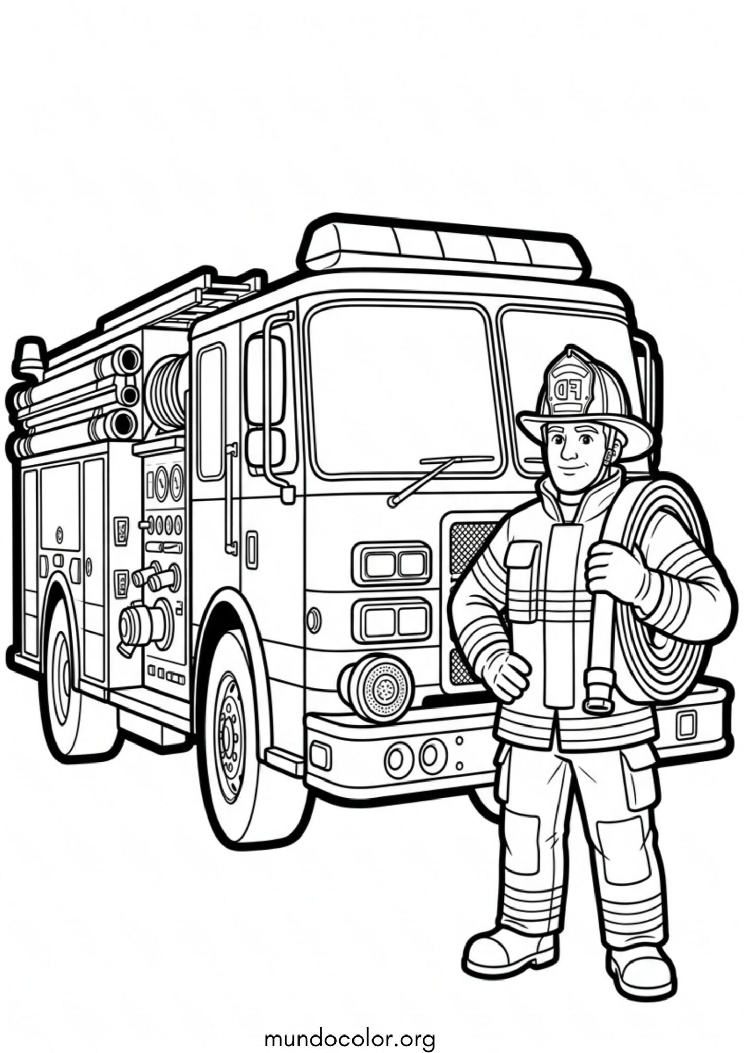 Dibujo de Bombero junto al camión de bomberos para colorear