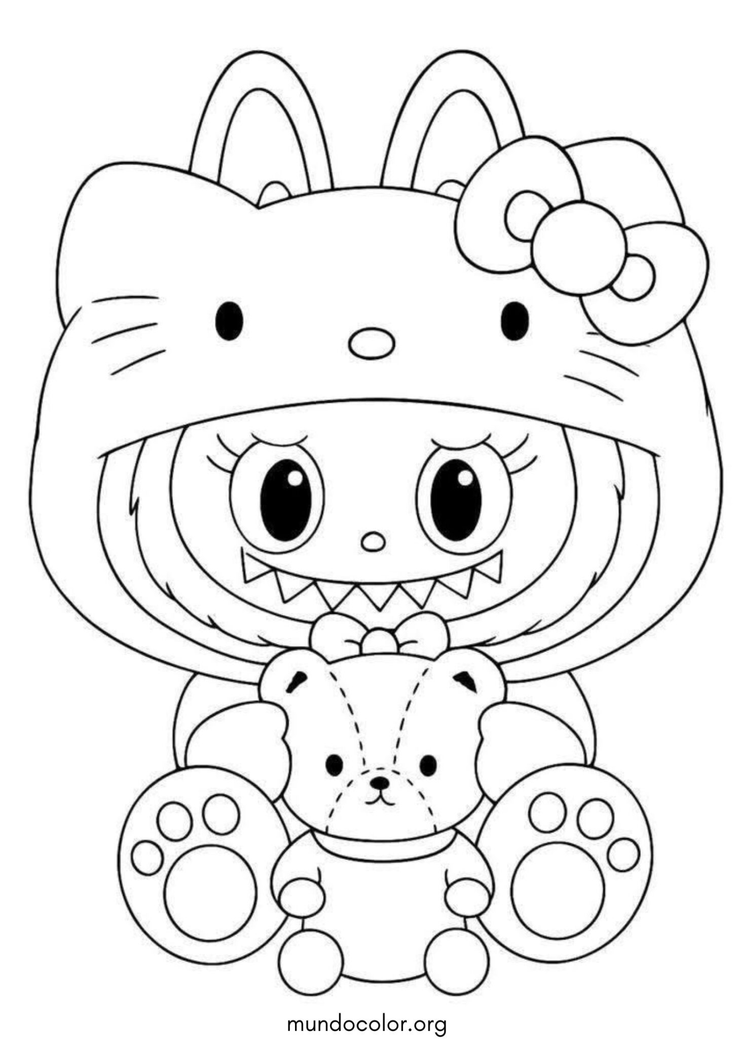 Dibujo de Labubu disfrazado de Hello Kitty con un osito para colorear