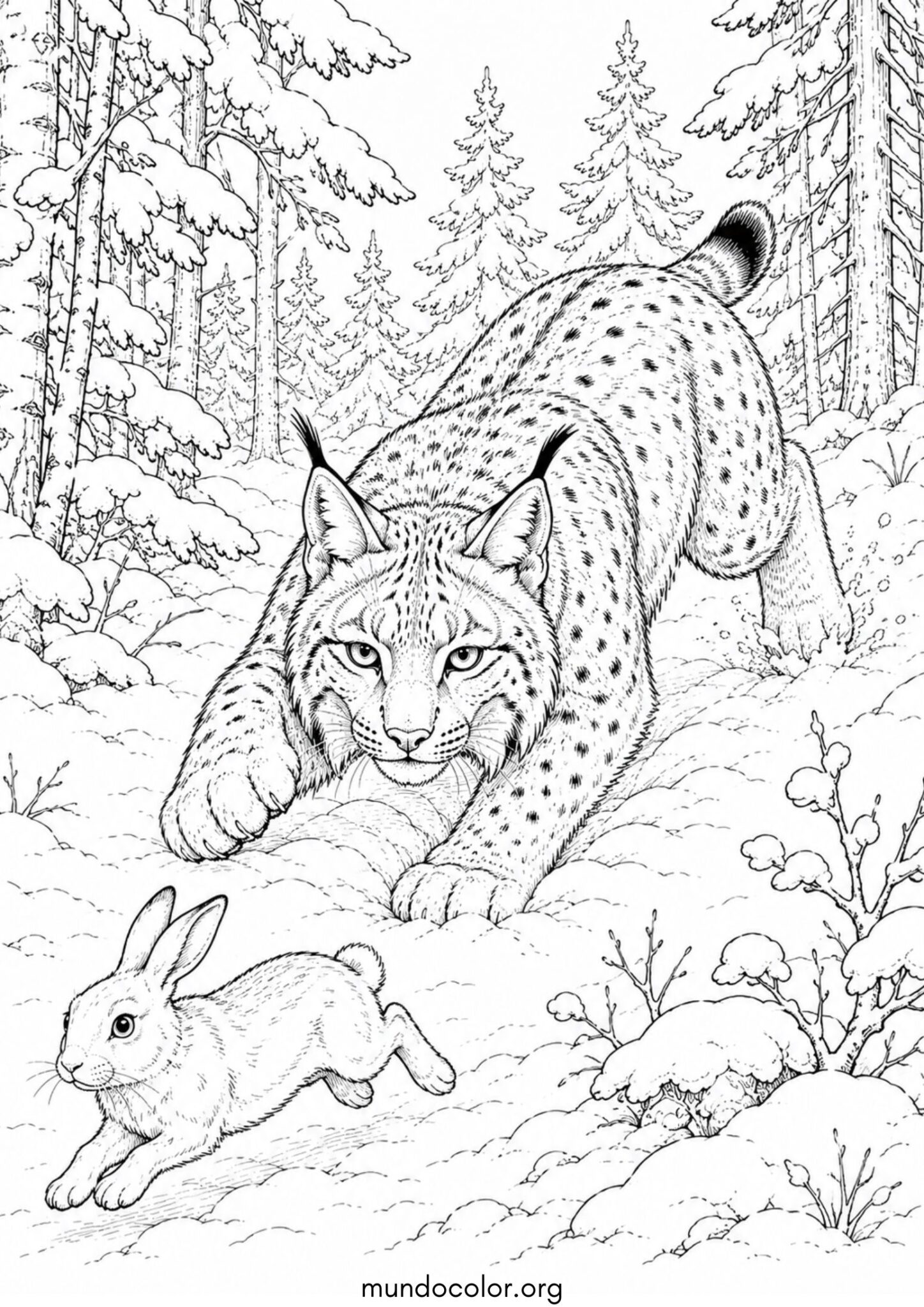 Dibujo de Lince en el bosque nevado para colorear