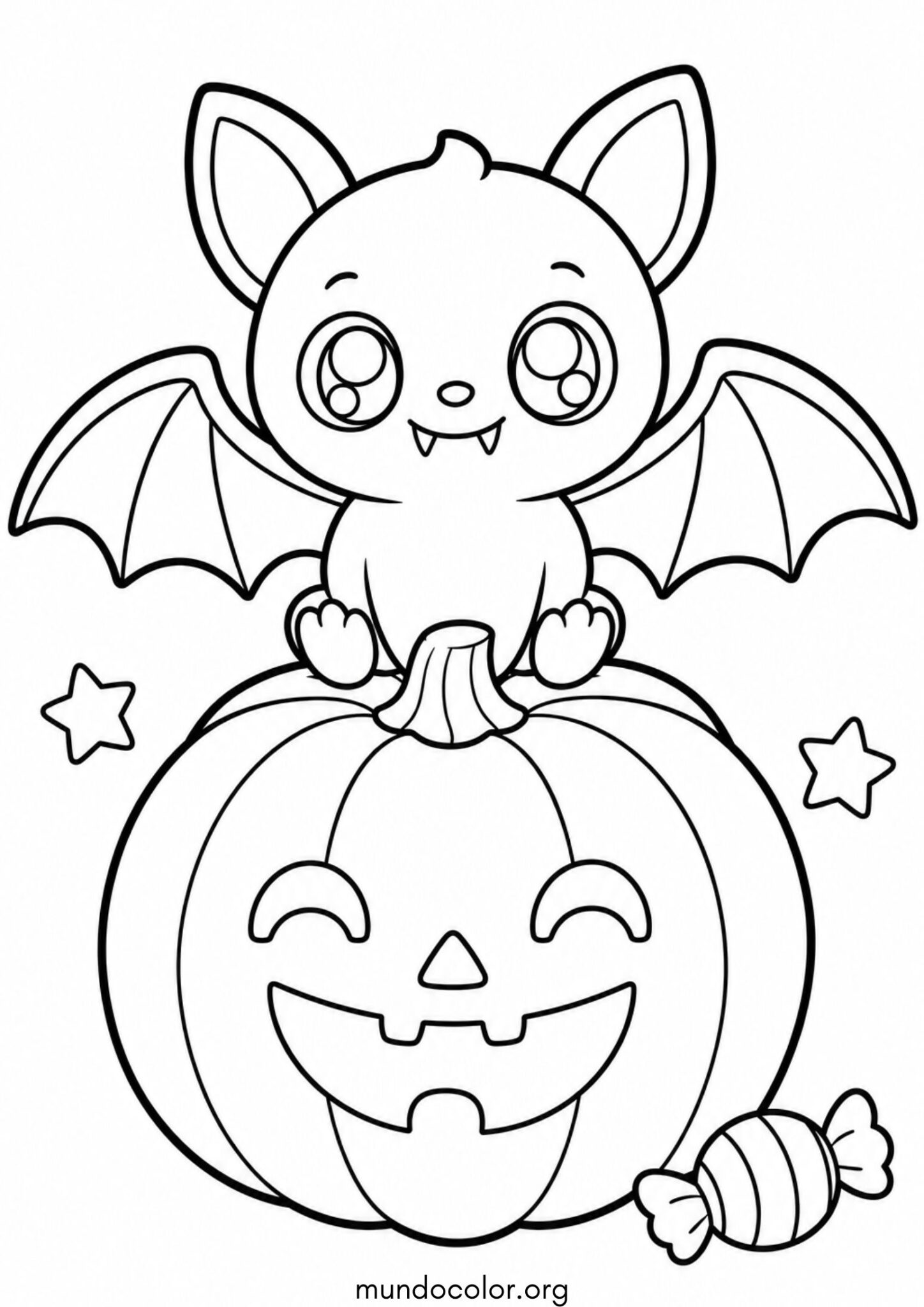 Dibujo de Murciélago kawaii sobre una calabaza de Halloween para colorear