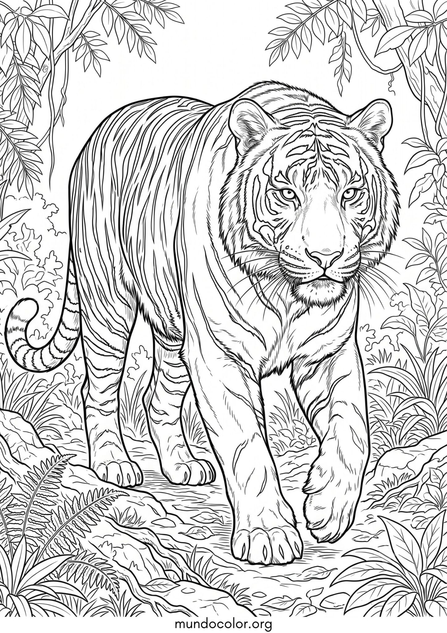 Dibujo de Tigre realista en la selva para colorear
