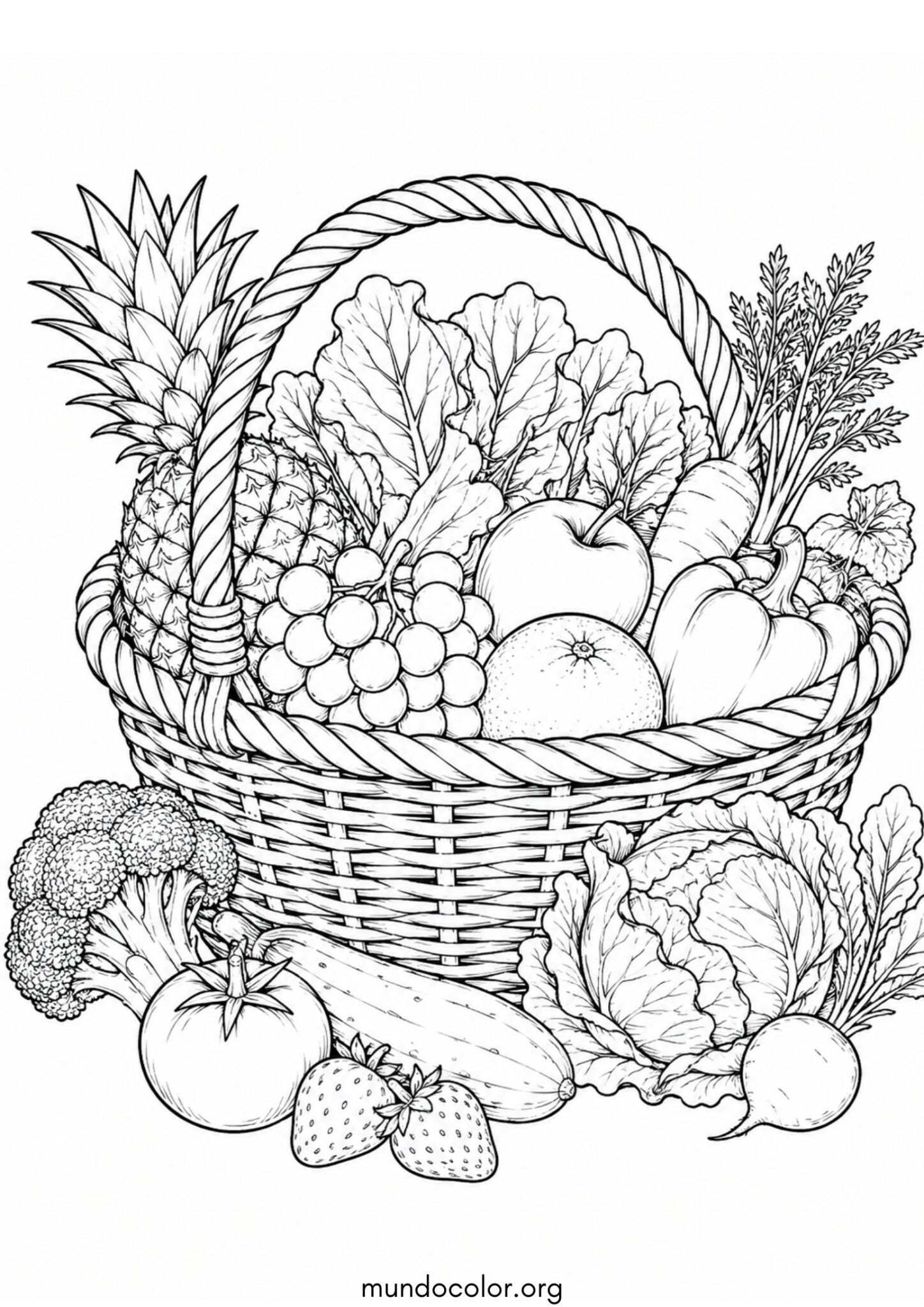 Dibujo de Día Mundial de la Alimentación – Cesta de frutas y verduras frescas de la huerta para colorear