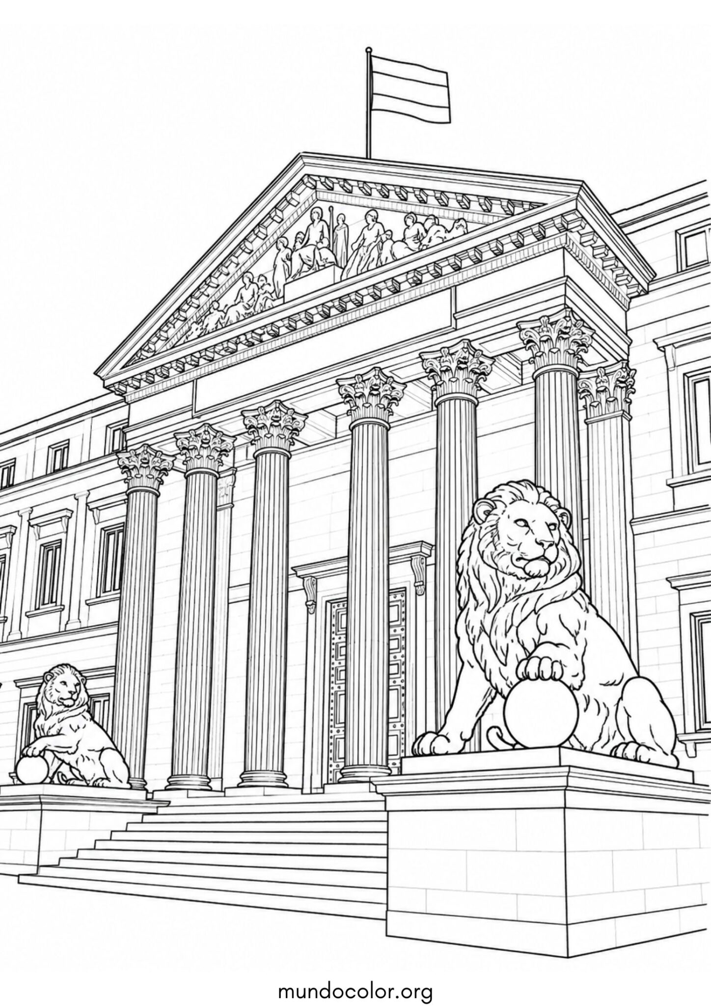 Dibujo de Congreso de los Diputados de Madrid y sus leones de bronce para colorear