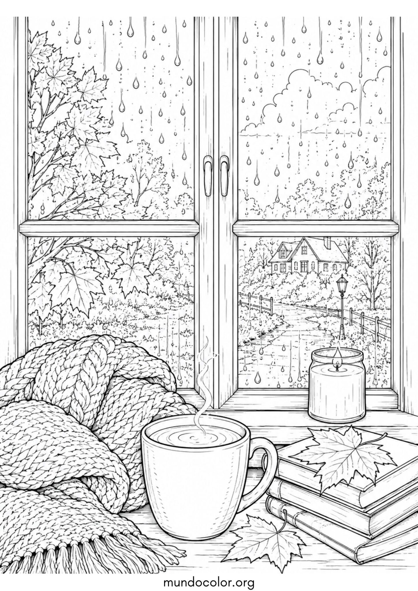 Dibujo de Lluvia en la ventana de otoño para colorear