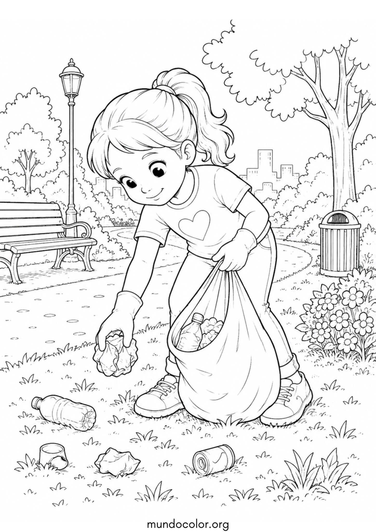 Dibujo de Día de la Tierra – Niña limpiando el parque y recogiendo basura para colorear