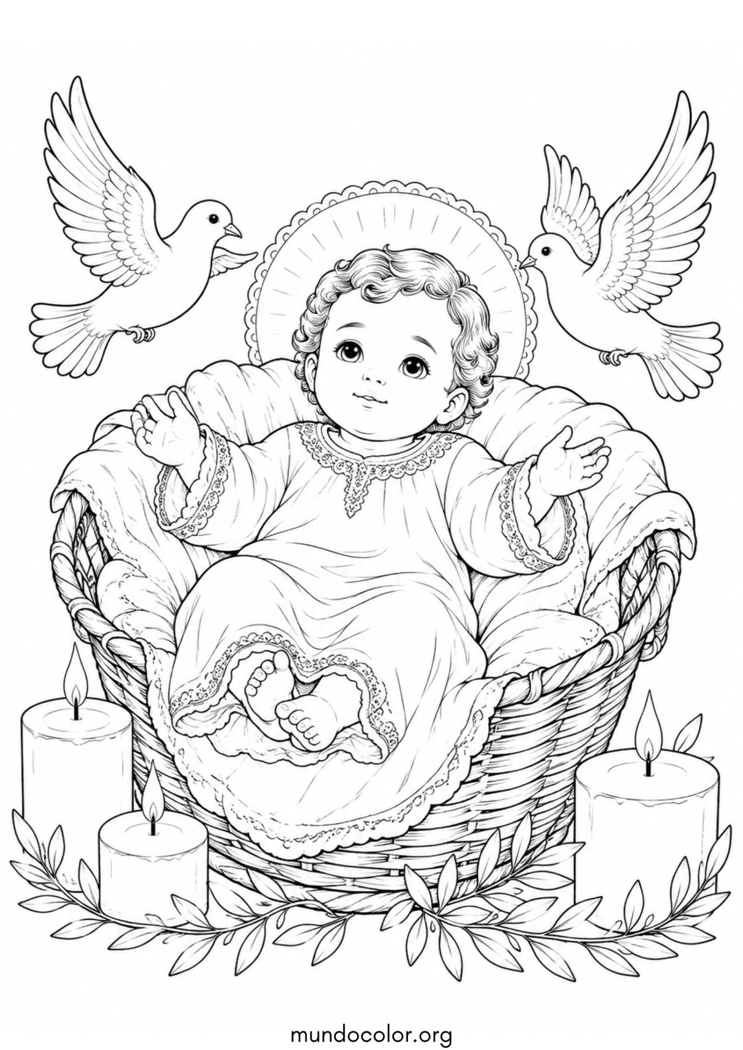 Dibujo de Día de la Candelaria y Tamales – Niño Jesús en su canasta con palomas de la paz y velas para colorear