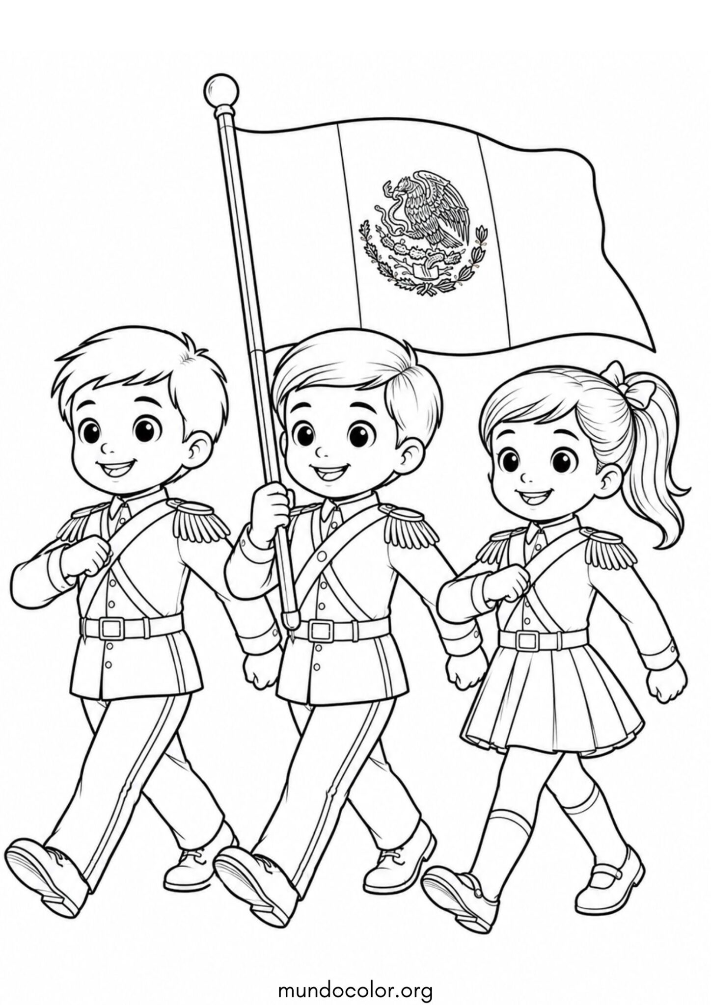 Dibujo de Día de la Revolución Mexicana – Niños marchando en el desfile del 20 de Noviembre para colorear