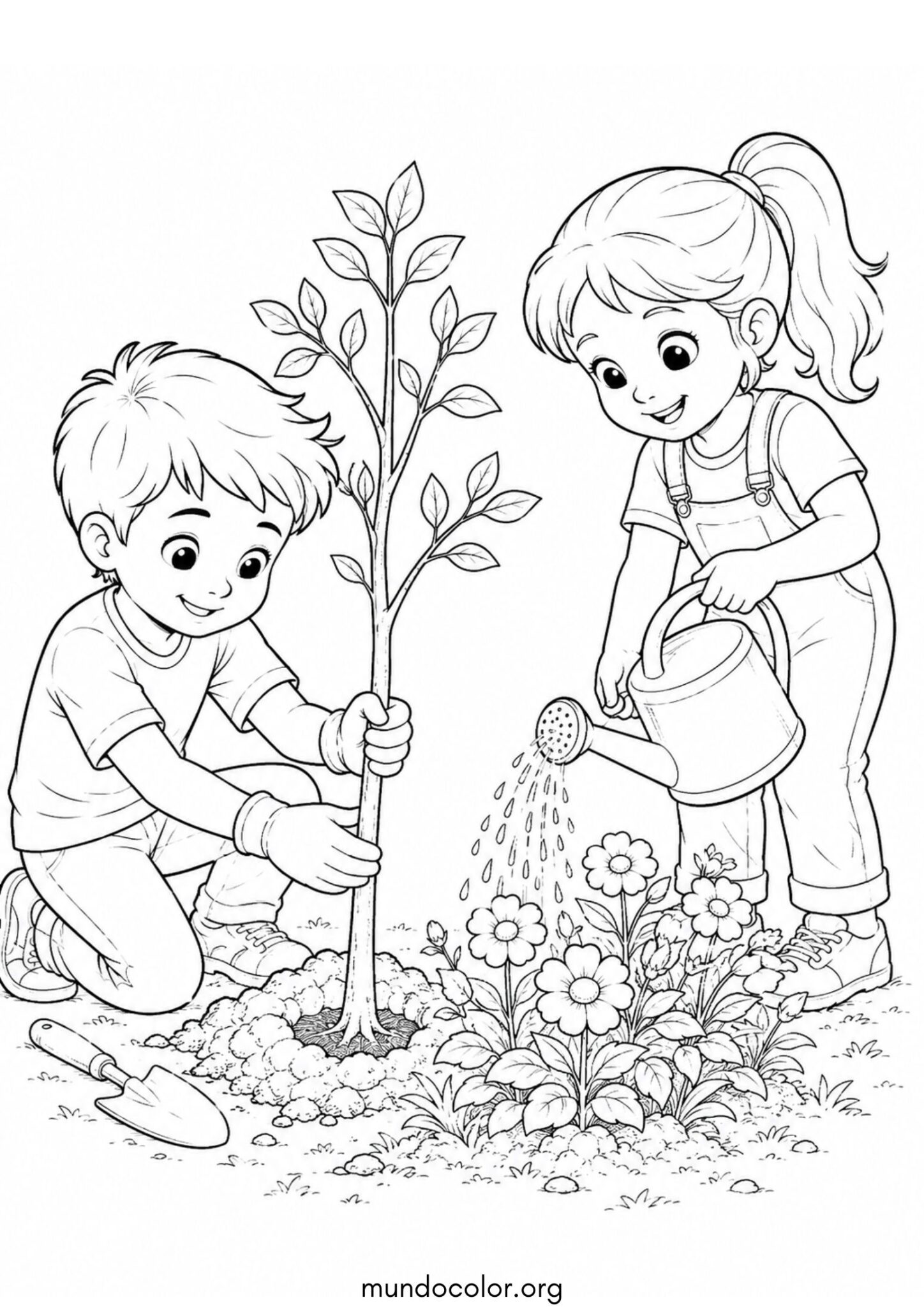 Dibujo de Día de la Tierra – Niños plantando un árbol y regando flores para colorear