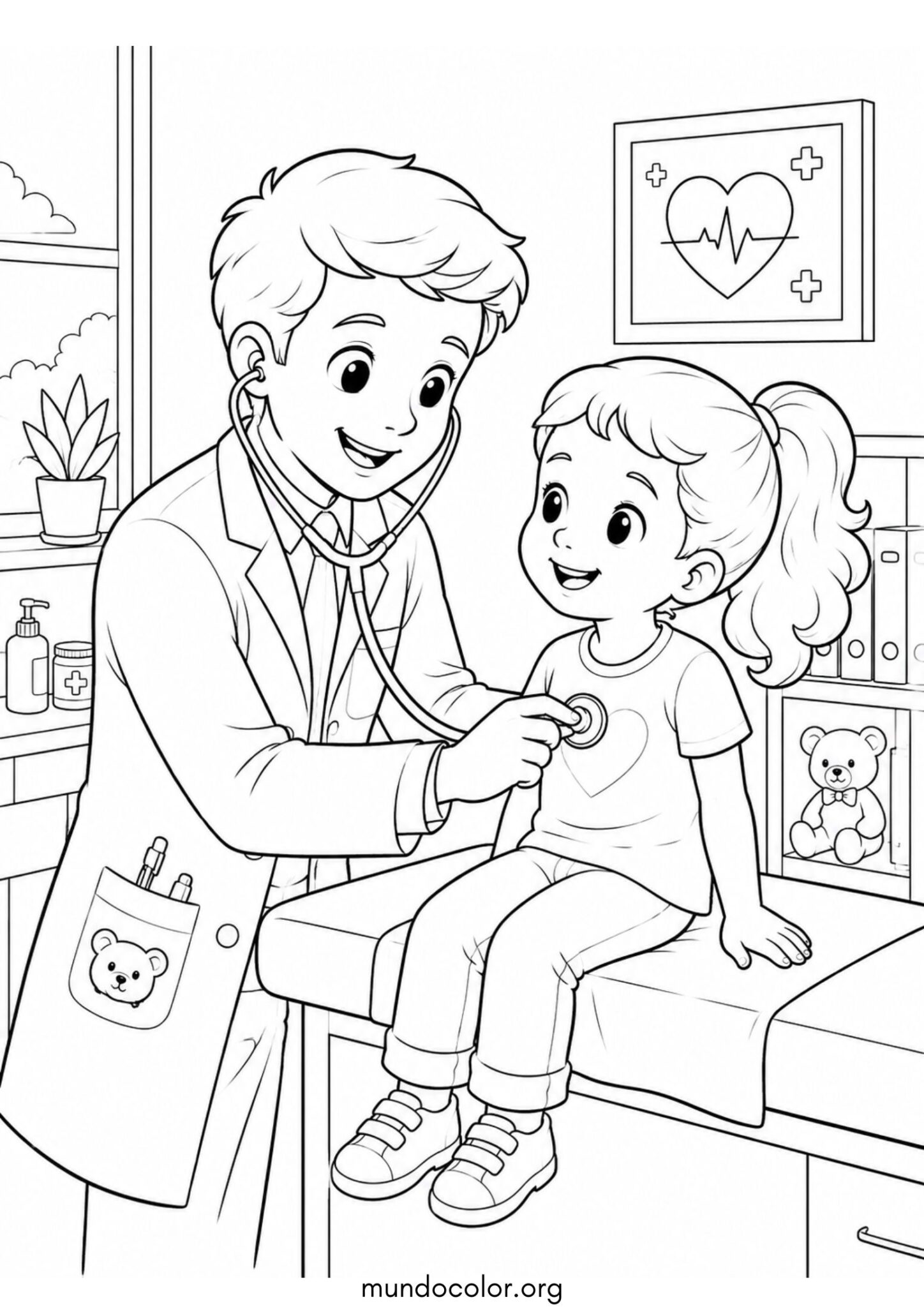 Dibujo de Día Mundial de la Salud – Pediatra revisando a un niño con un estetoscopio amigable para colorear