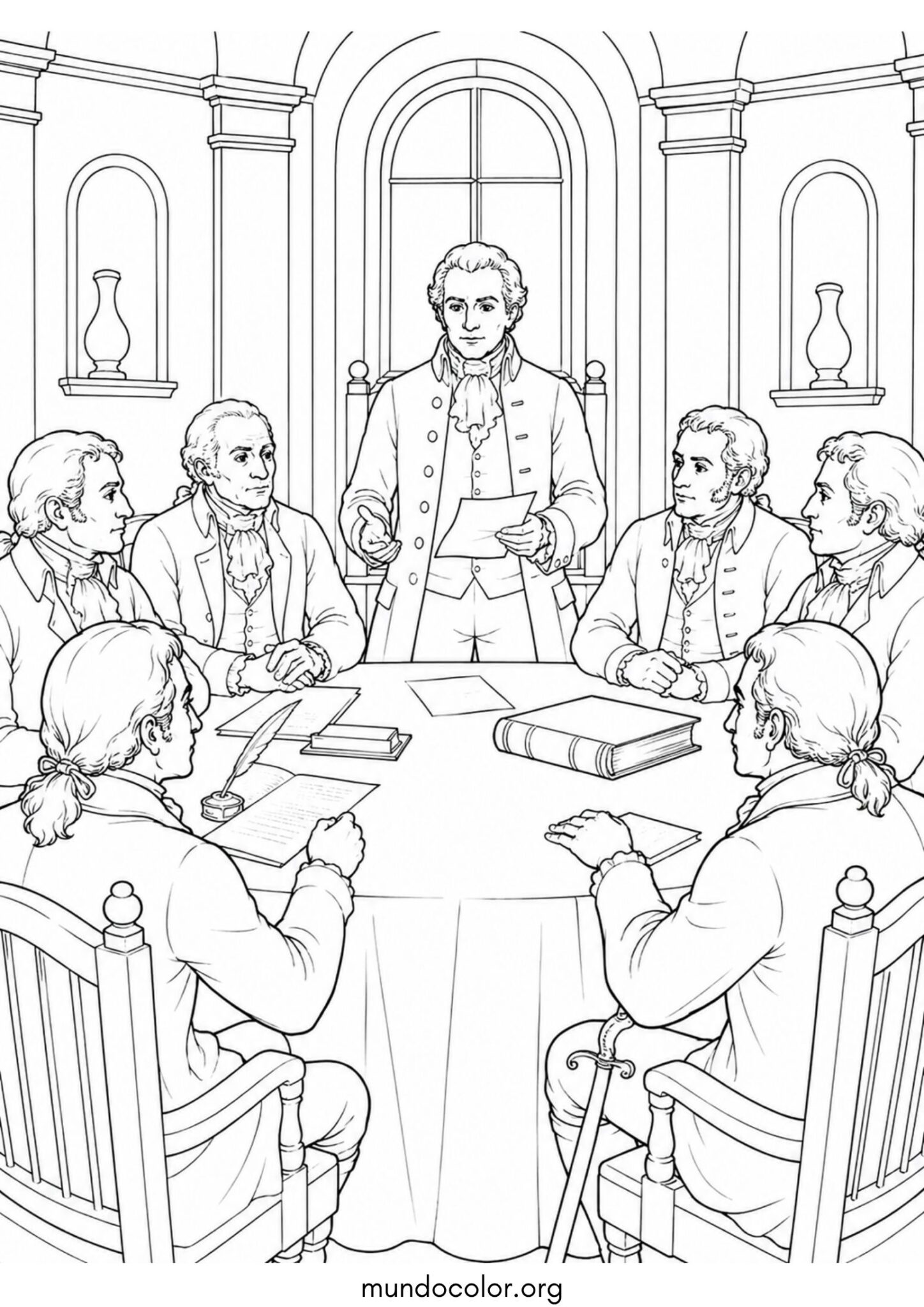 Dibujo de Revolución de Mayo – Primera Junta de Gobierno reunida en el salón capitular para colorear