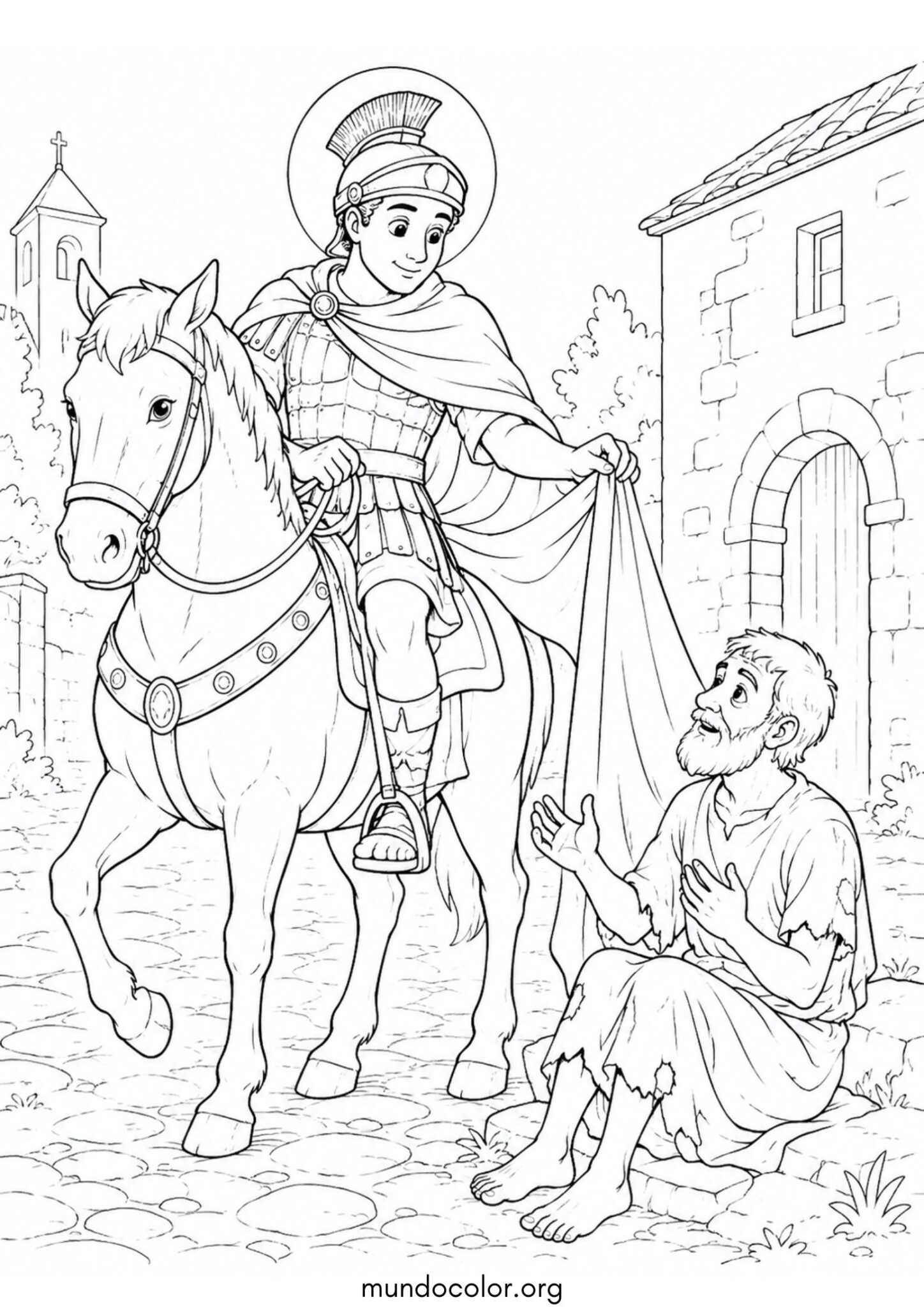 Dibujo de San Martín a caballo compartiendo su capa con el mendigo para colorear