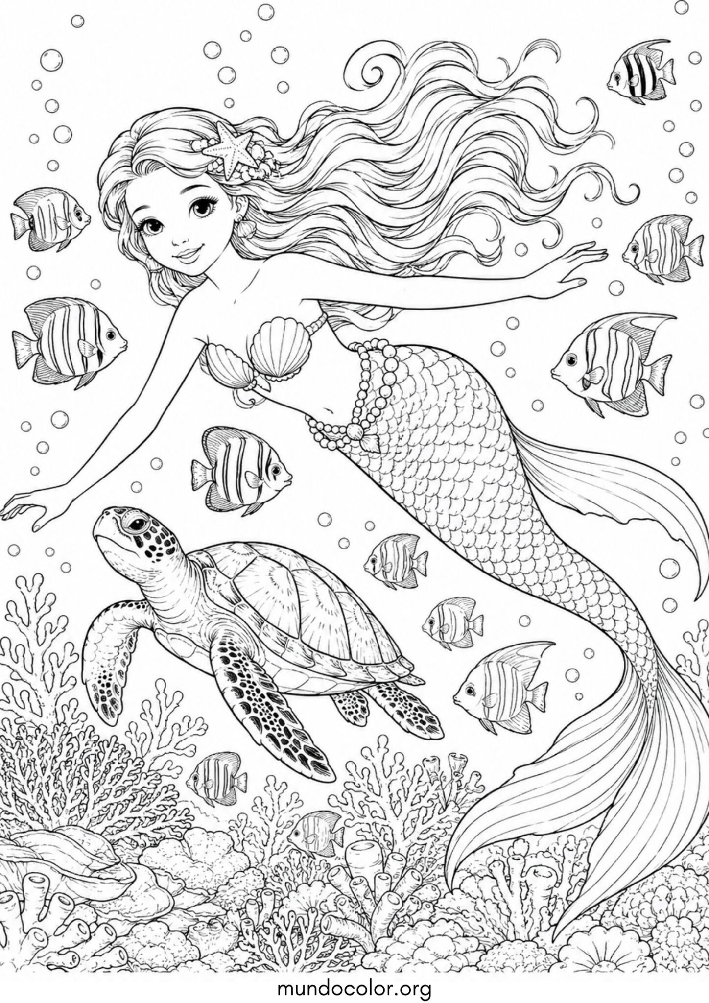 Dibujo de Sirena nadando junto a una tortuga marina y pececitos tropicales para colorear