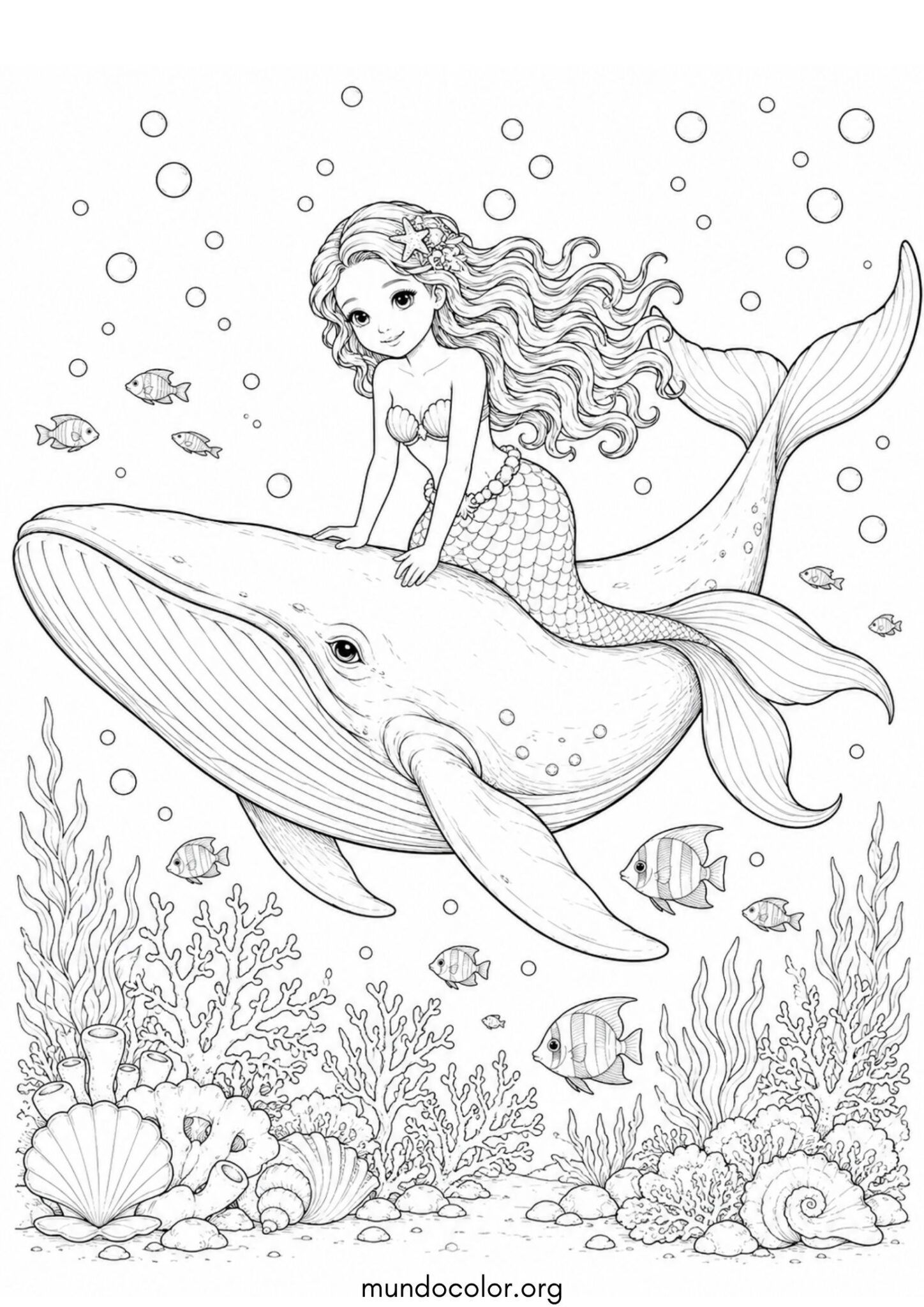 Dibujo de Sirena paseando en el lomo de una ballena azul majestuosa para colorear