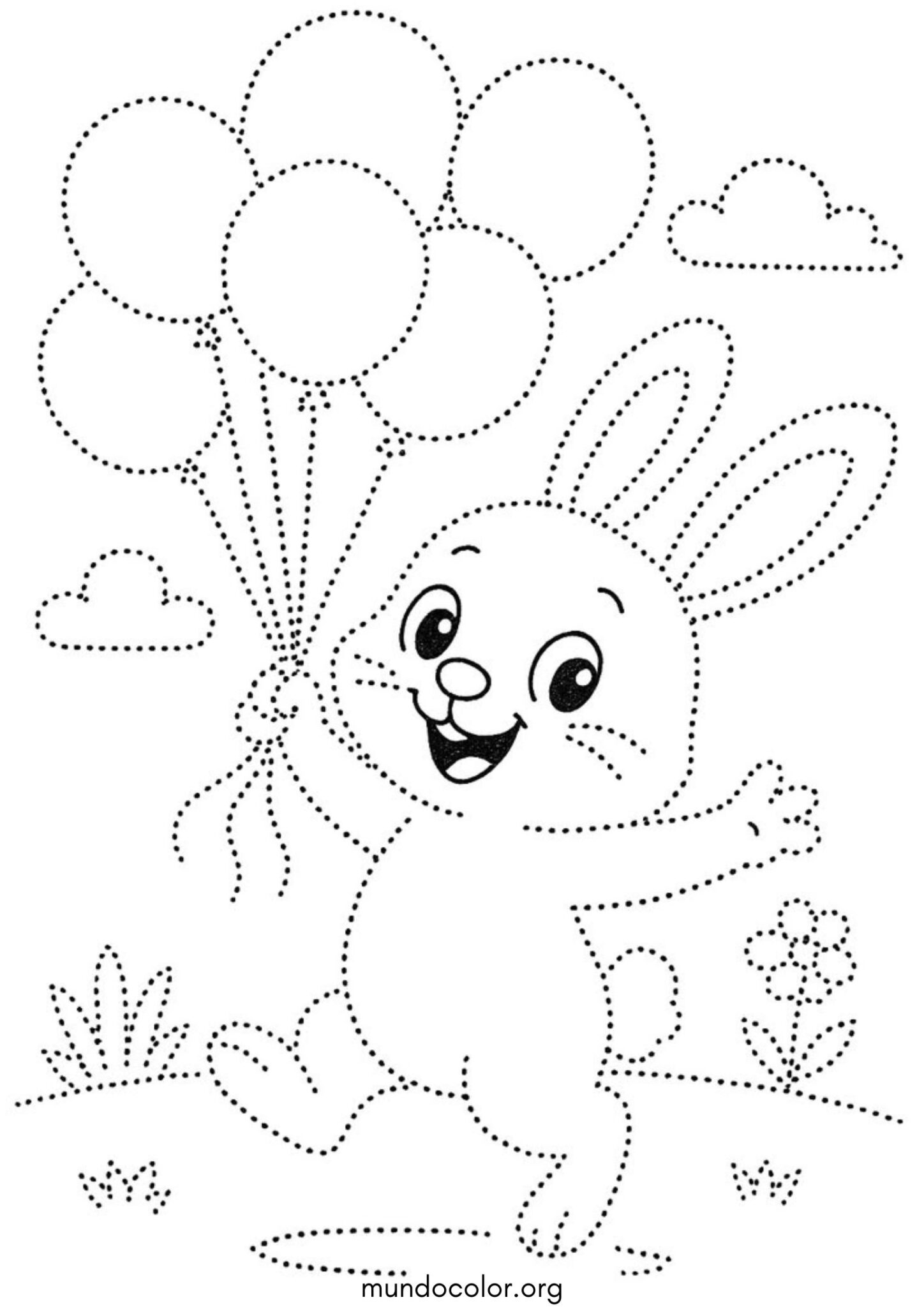 Dibujo de Unir los puntos – Conejito con globos para colorear