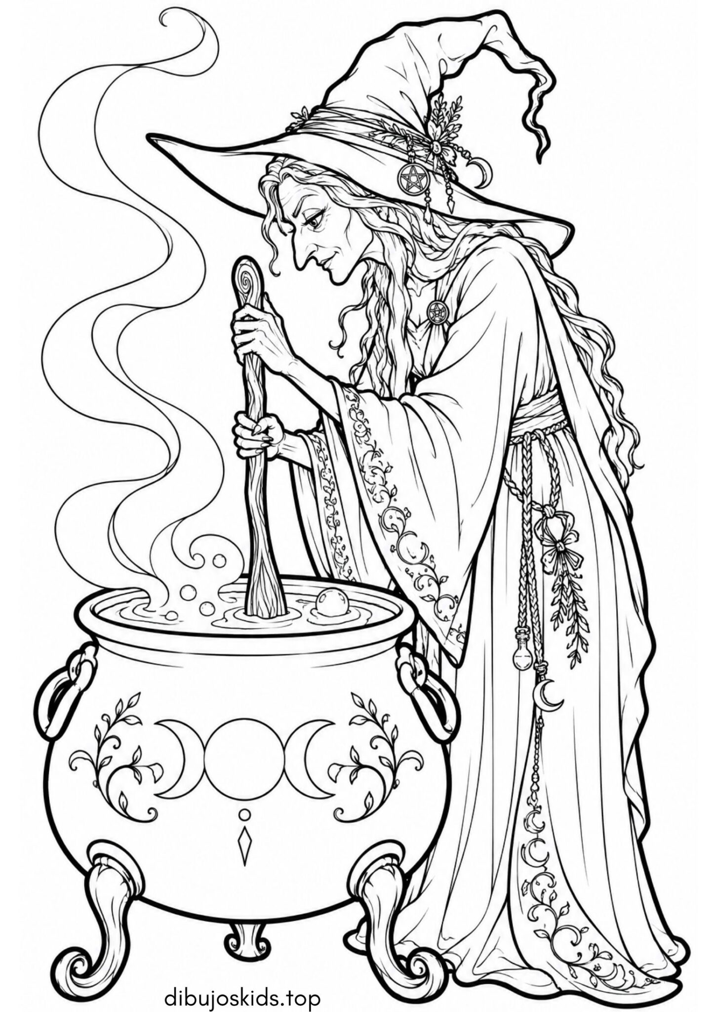 Dibujo de Bruja preparando poción mágica en caldero de Halloween para colorear