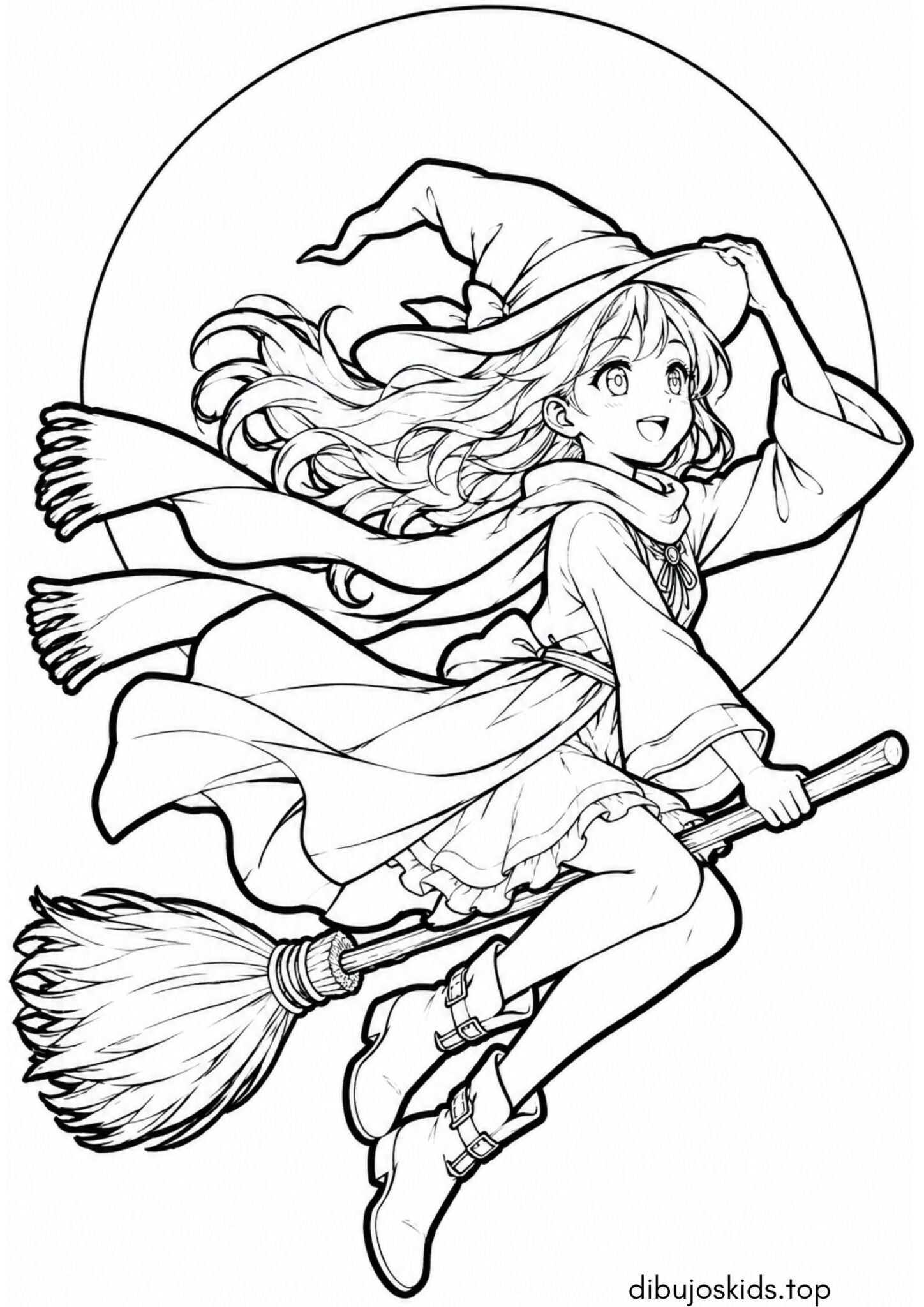 Dibujo de Brujita en escoba con luna llena de Halloween para colorear