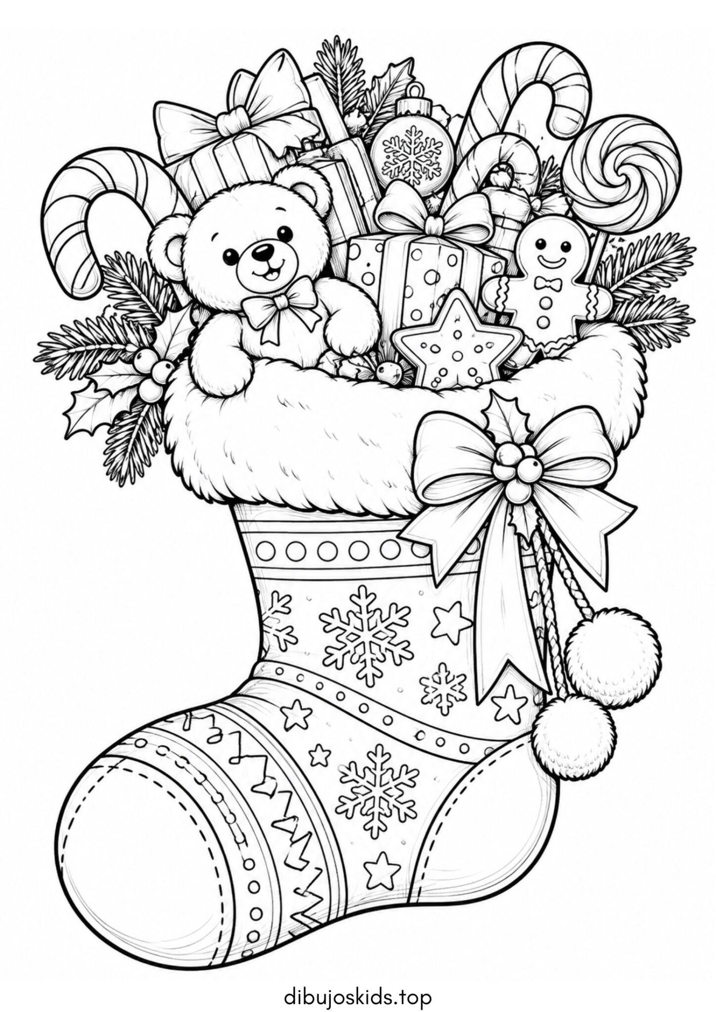 Dibujo de Navidad: Calcetín navideño lleno de regalos y dulces para colorear