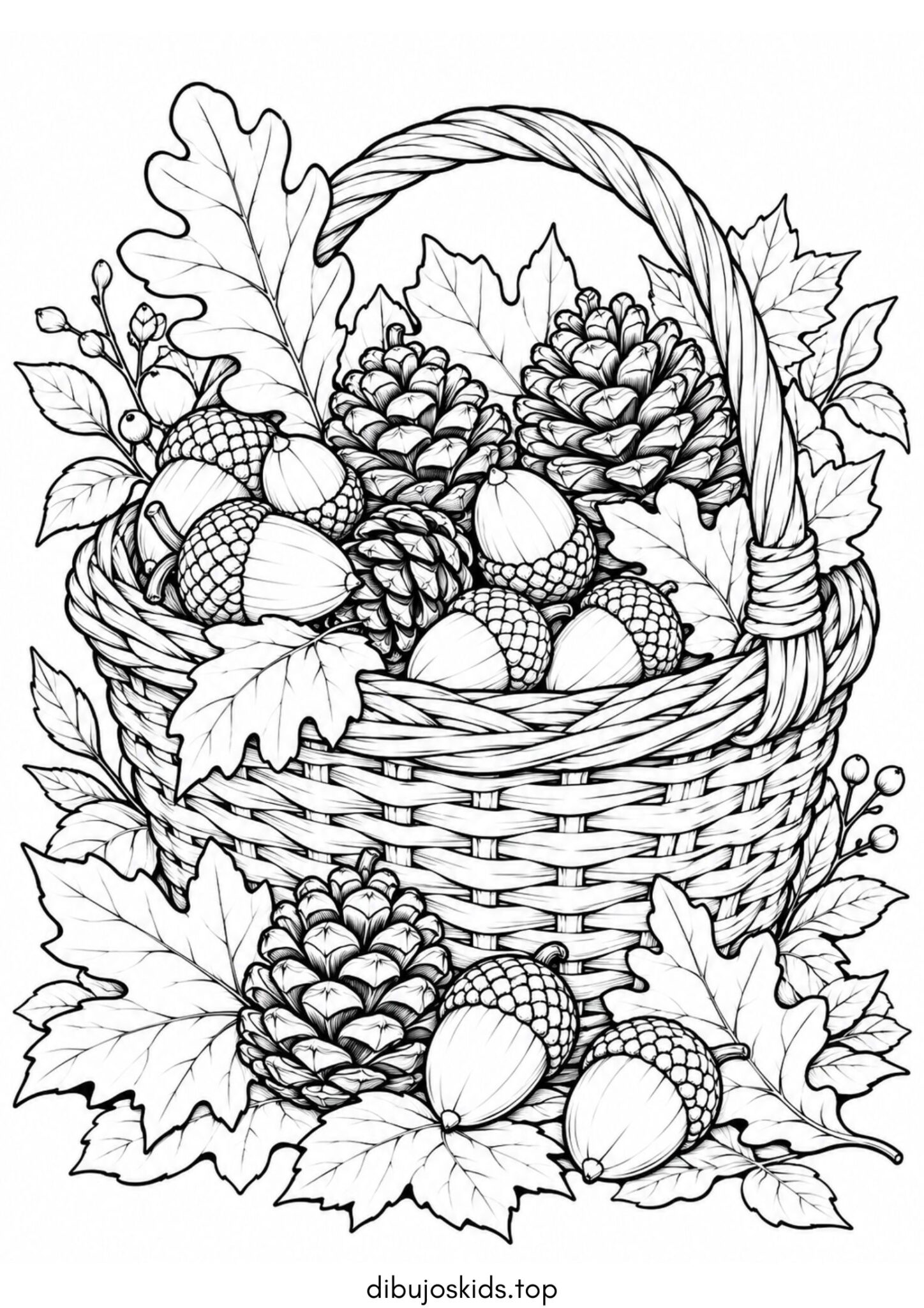 Dibujo de Otoño: Canasta de bellotas y piñas para imprimir en formato PDF o JPG Dibujo de Otoño: Canasta de bellotas y piñas para colorear