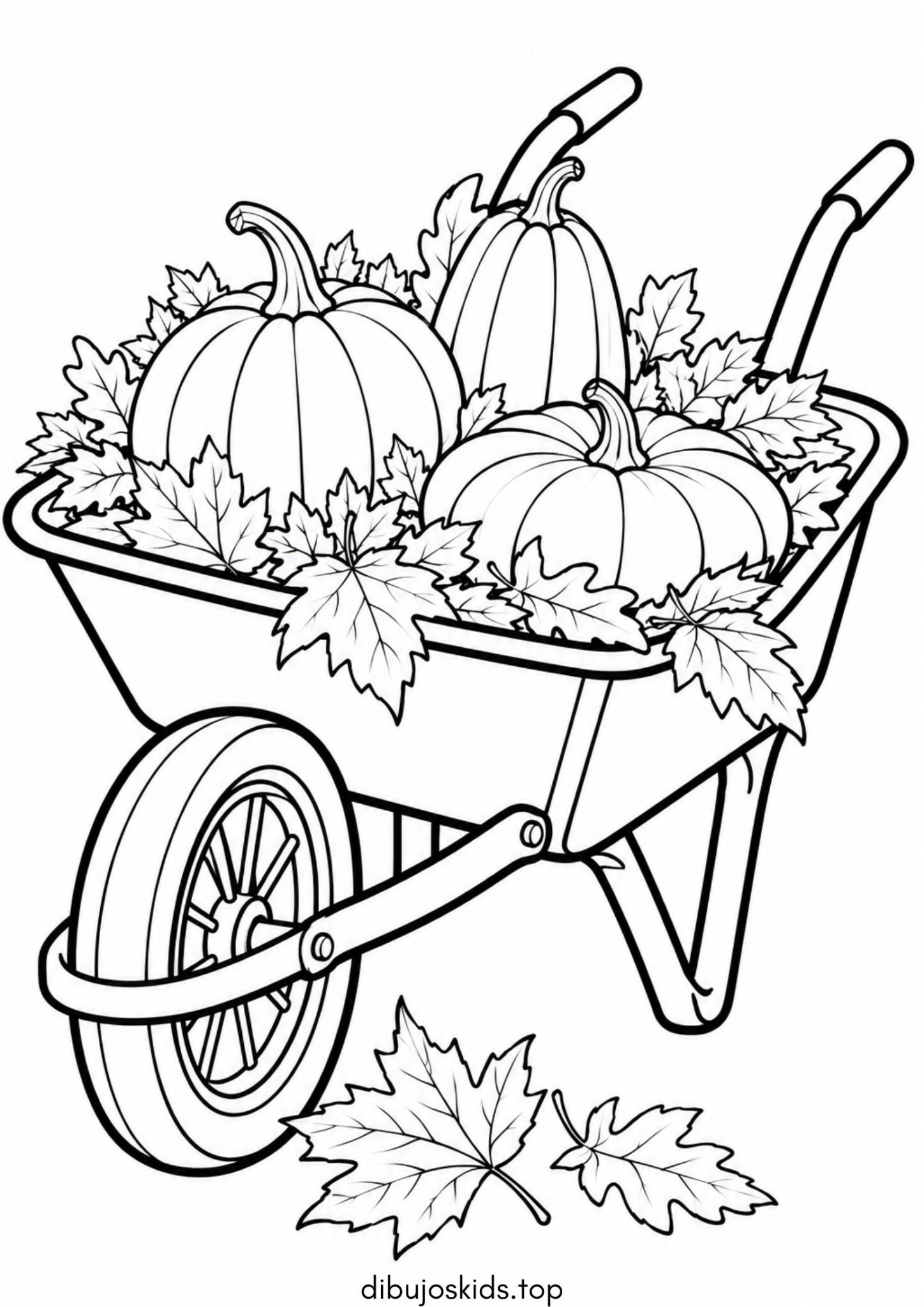 Dibujo de Carretilla llena de hojas secas y calabazas de otoño para imprimir Dibujo de Carretilla llena de hojas secas y calabazas de otoño para colorear