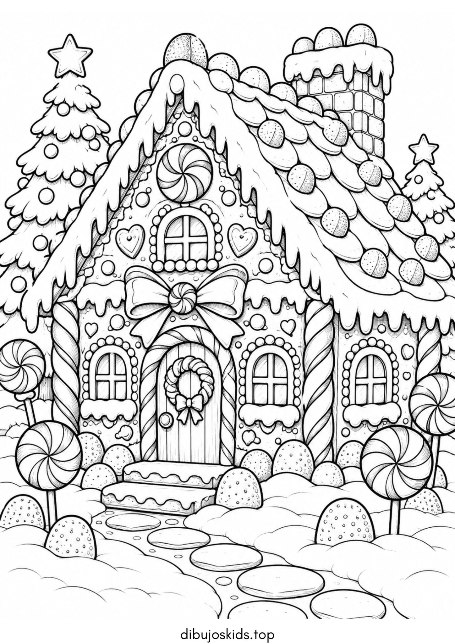 Dibujo de Navidad: Casa de jengibre con caramelos y glaseado para colorear