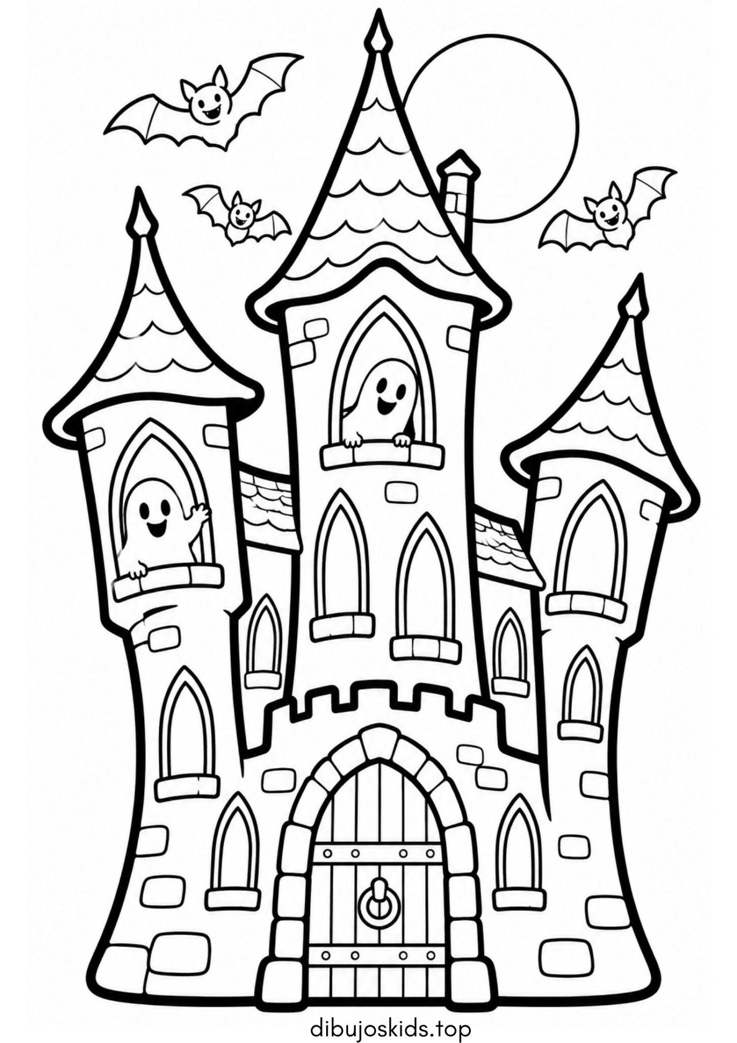 Dibujo de Castillo embrujado con fantasmas, murciélagos y luna de Halloween para colorear