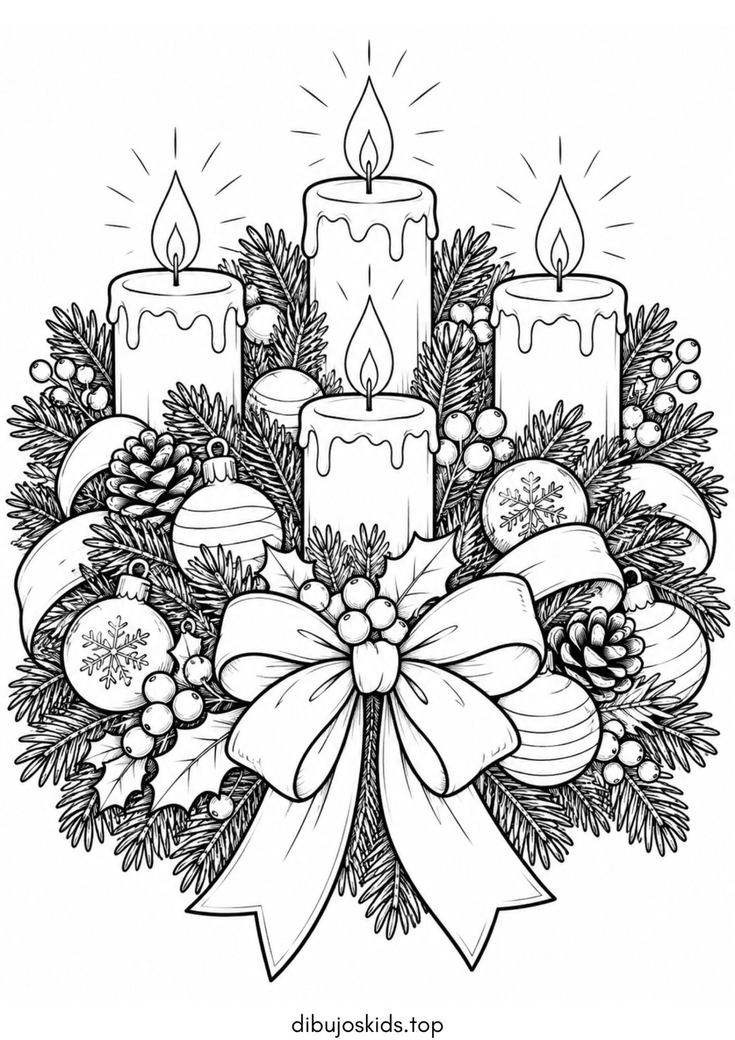 Dibujo de Navidad: Corona de adviento con velas encendidas para colorear