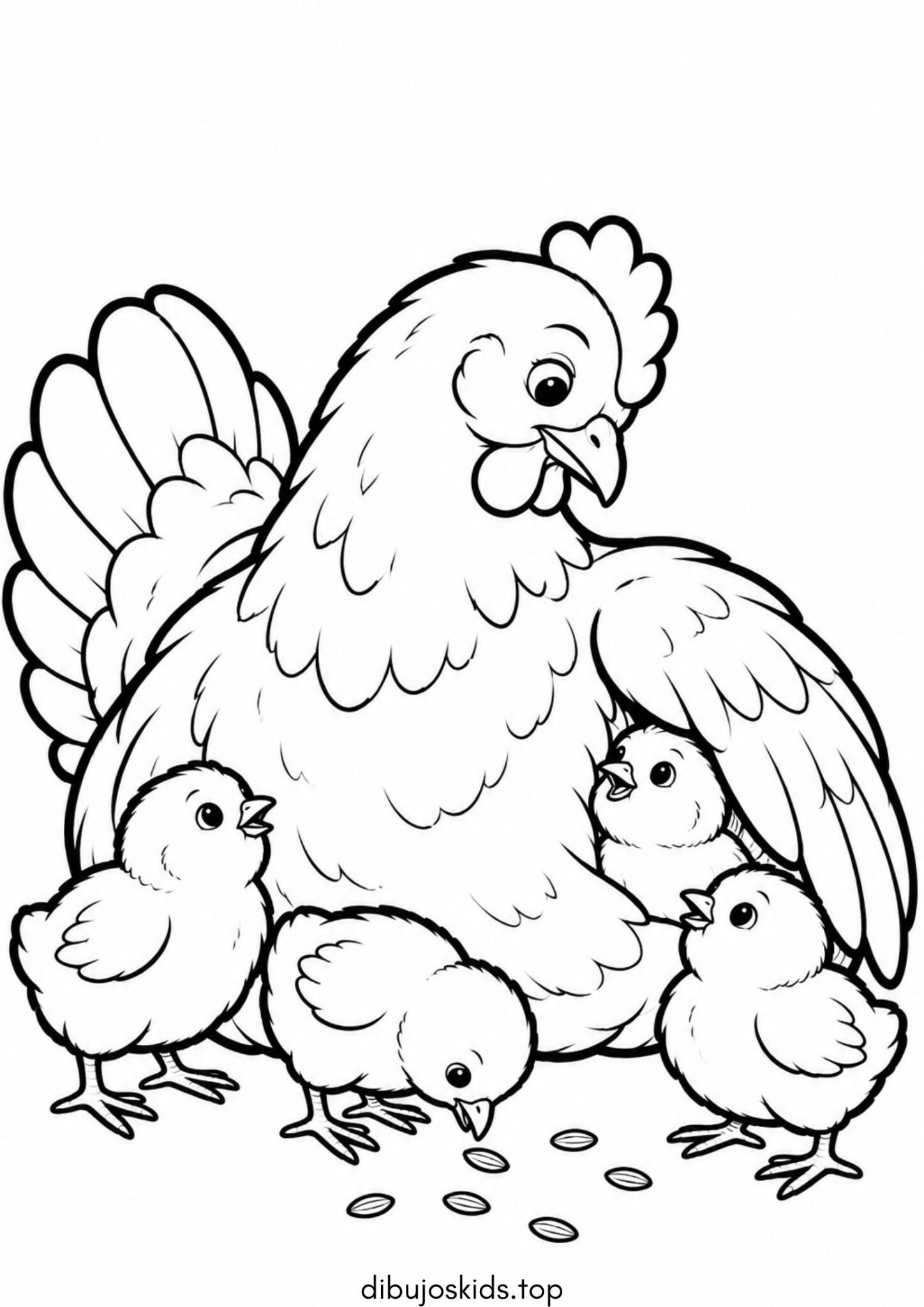 Dibujo de Pájaro gallina con sus pollitos para colorear