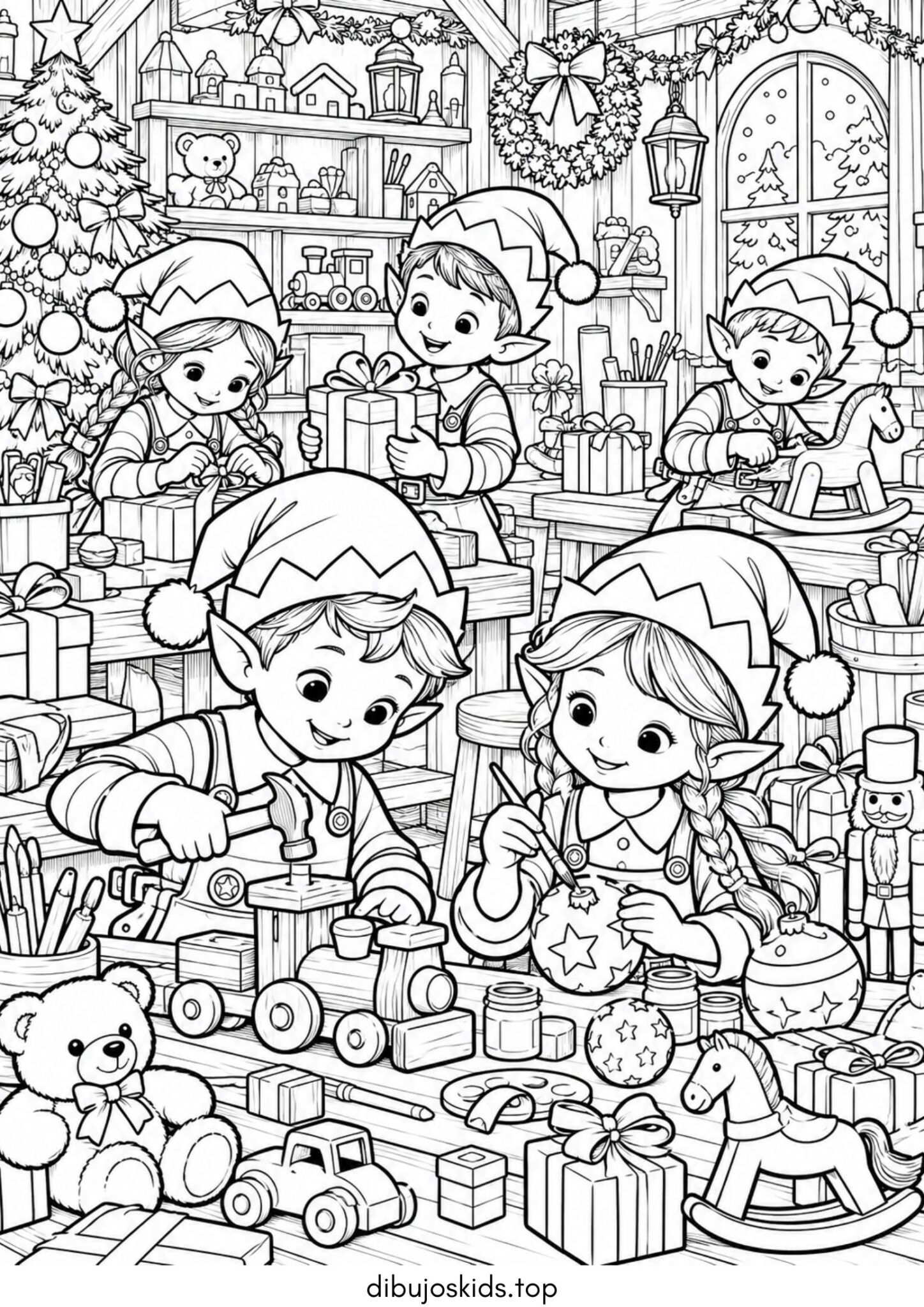 Dibujo de Navidad: Duendes preparando juguetes en el taller para colorear