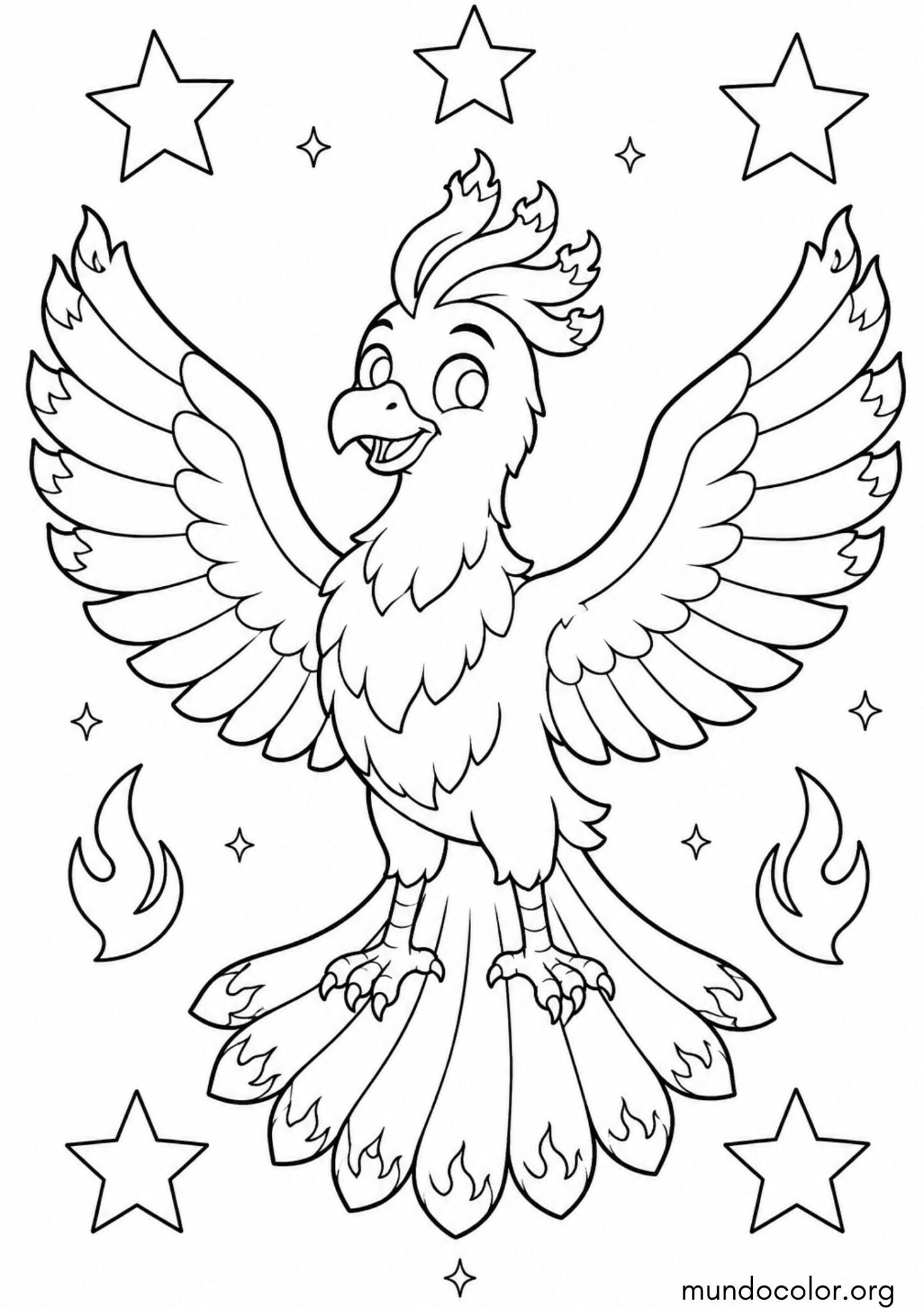 Dibujo de Fénix con las alas abiertas y extendidas para colorear