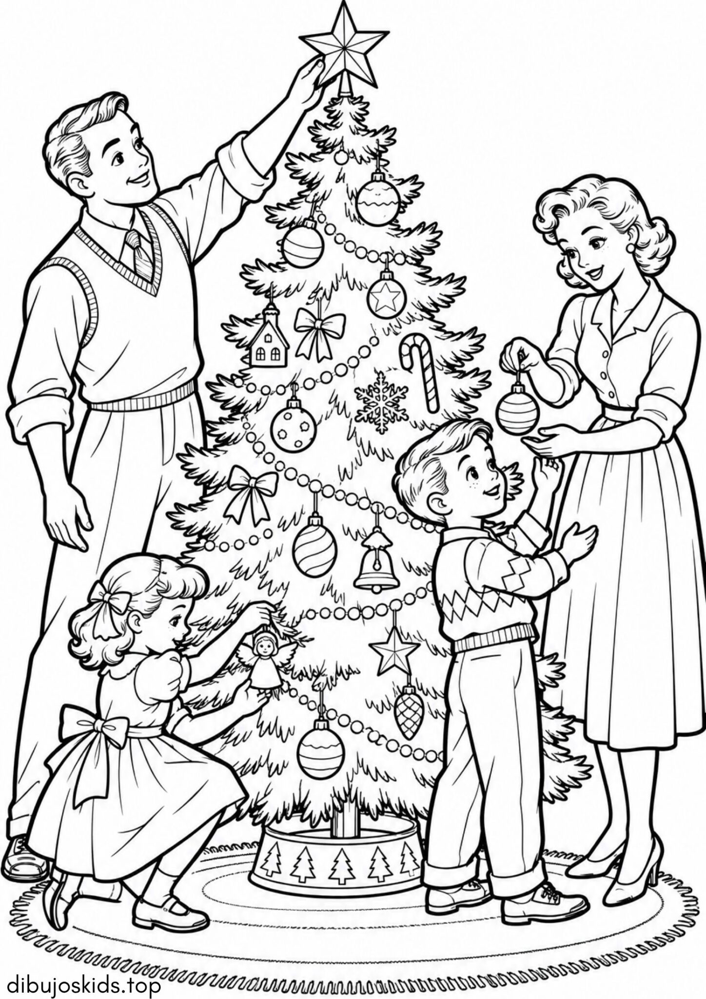 Dibujo de Familia decorando el árbol de Navidad en el salón para colorear