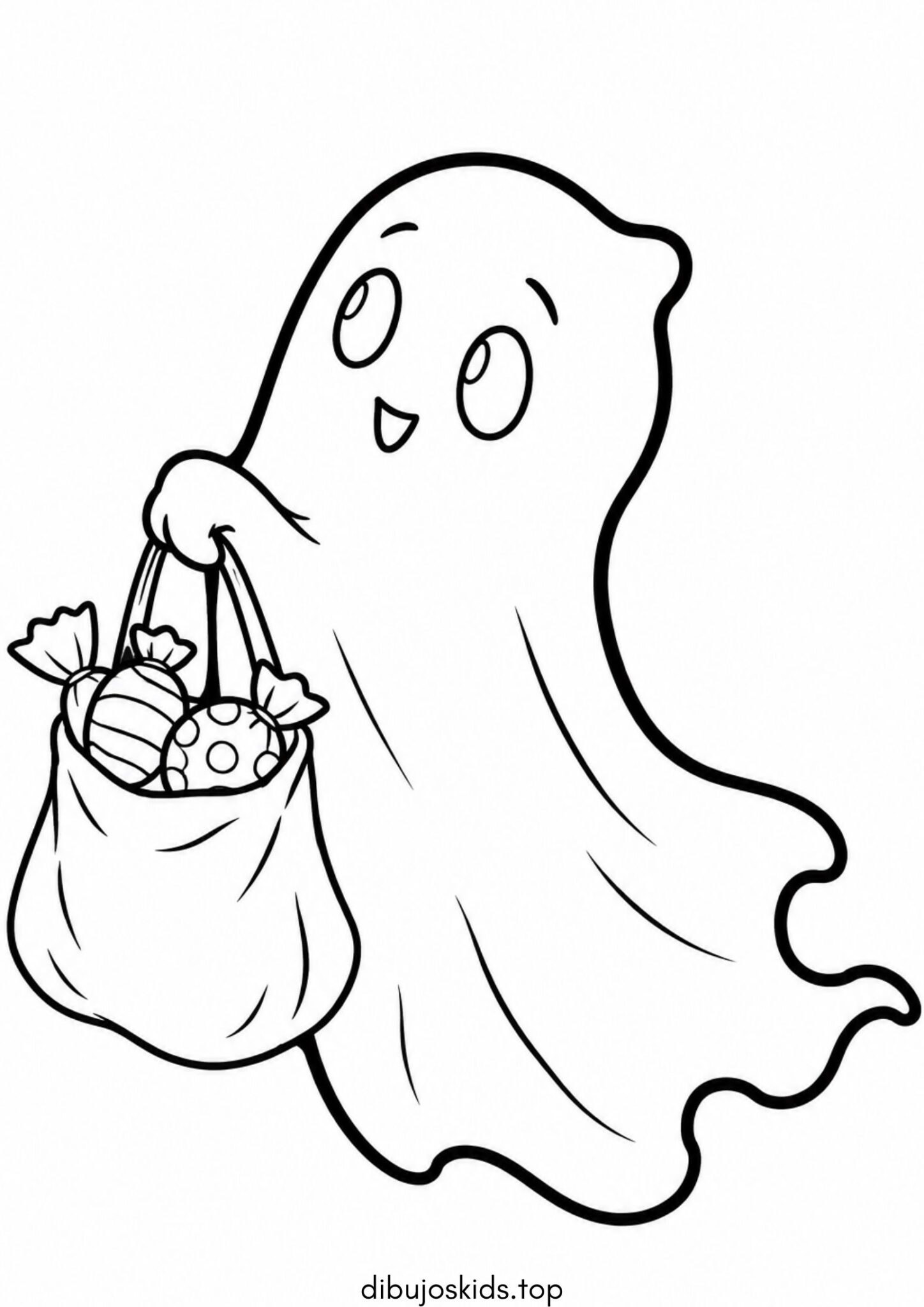 Dibujo de Fantasma con bolsa de dulces de Halloween para colorear