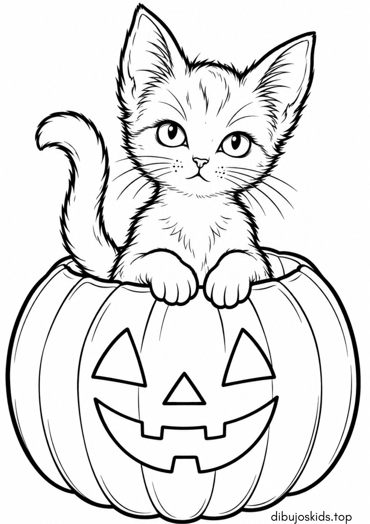 Dibujo de Gatito dentro de calabaza de Halloween para colorear