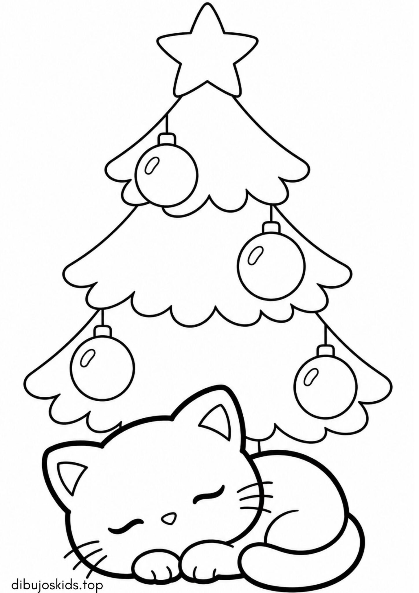Dibujo de Navidad: Gatito kawaii durmiendo bajo el árbol para colorear