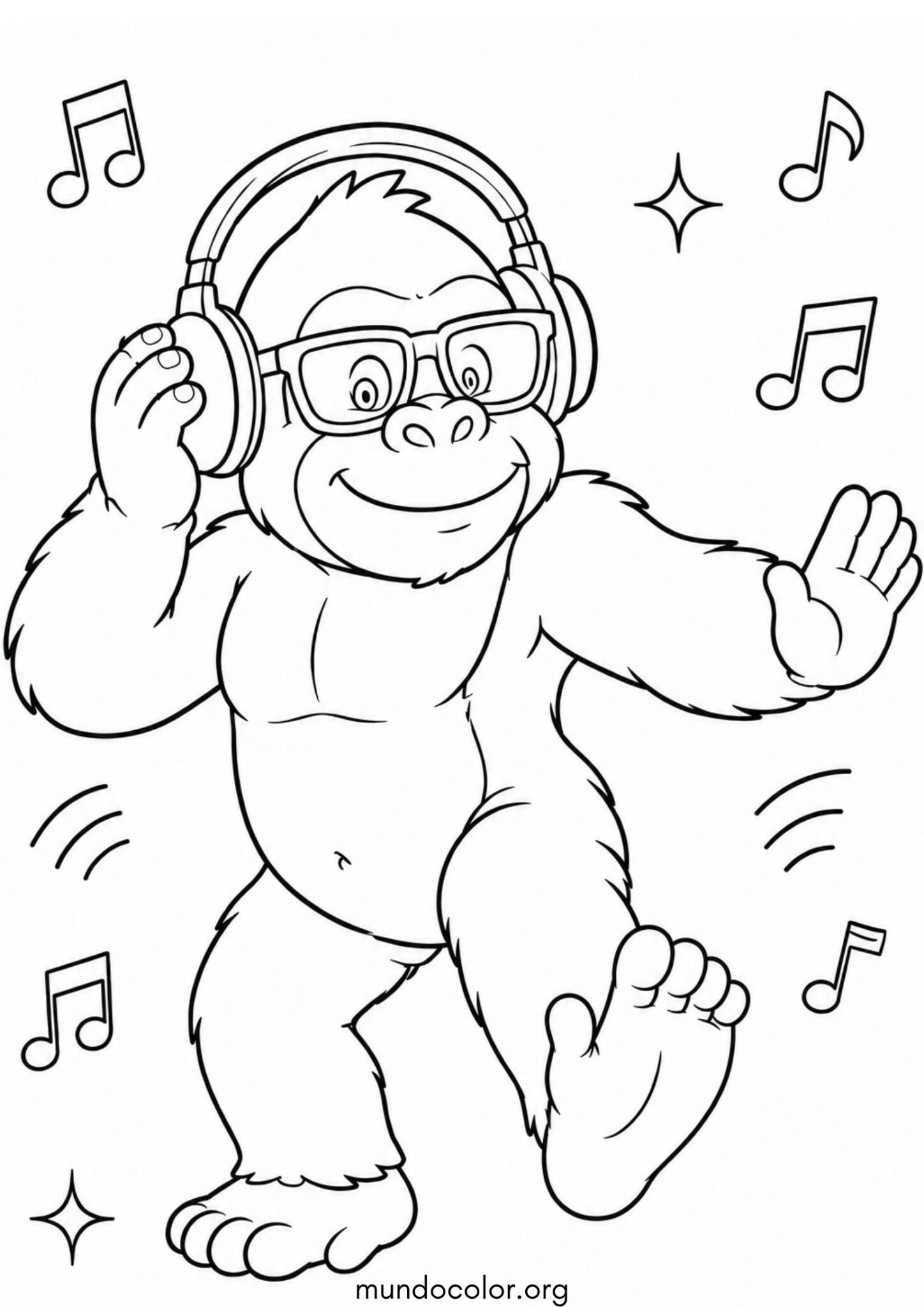 Dibujo de Gorila con gafas de sol geniales y auriculares escuchando música para colorear