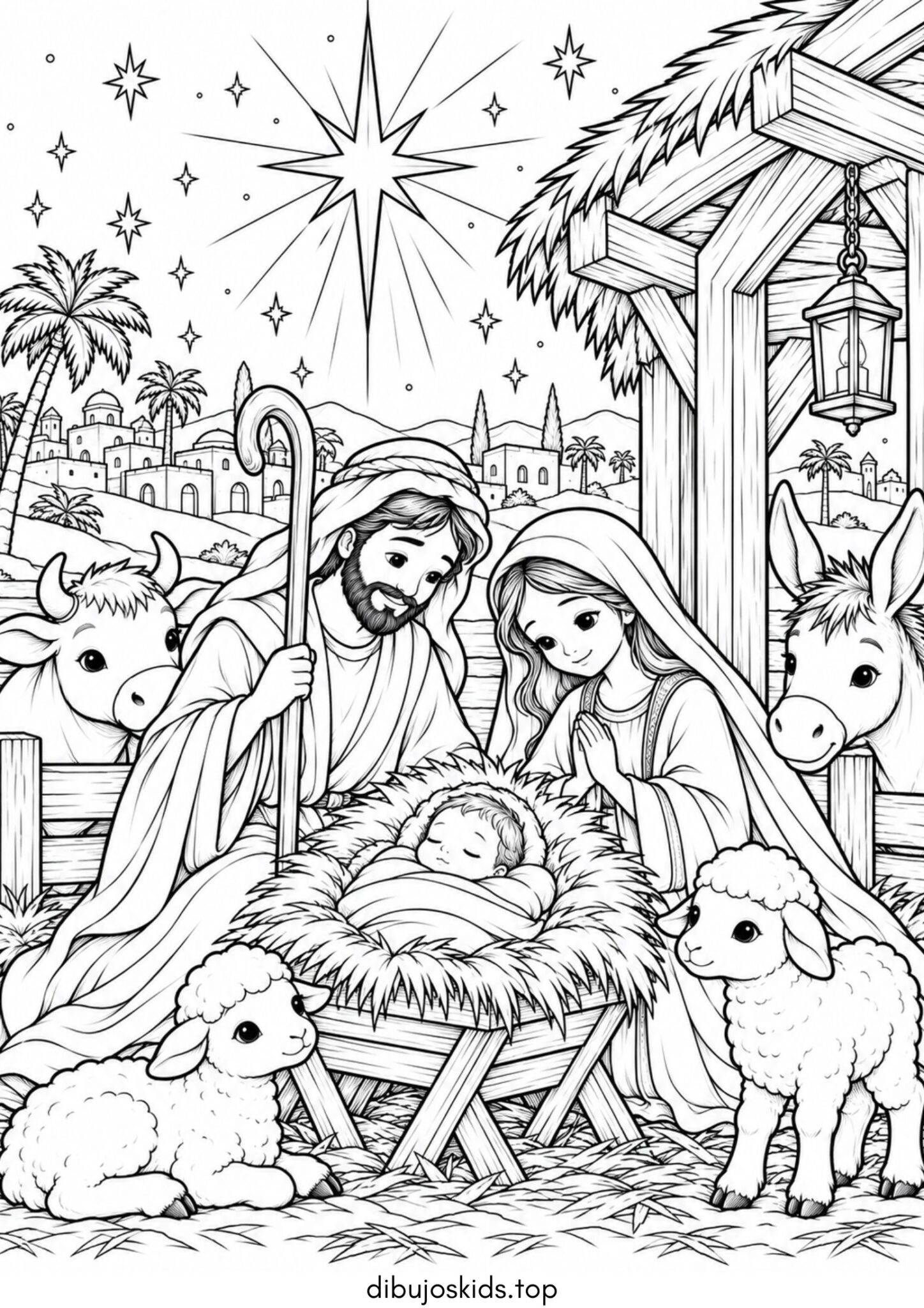 Dibujo de Navidad: La Estrella de Oriente sobre el pesebre para colorear