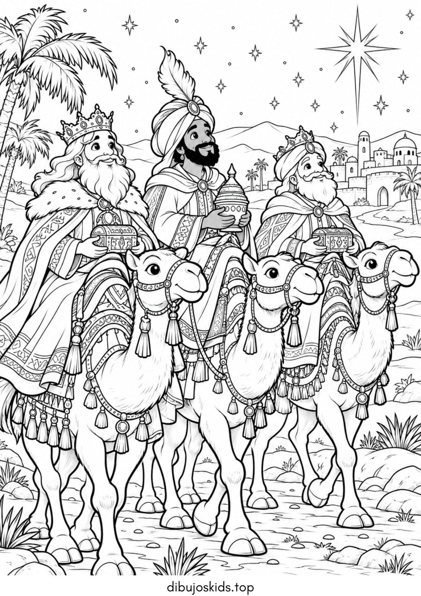 Dibujo de Navidad: Los Tres Reyes Magos con sus camellos para colorear
