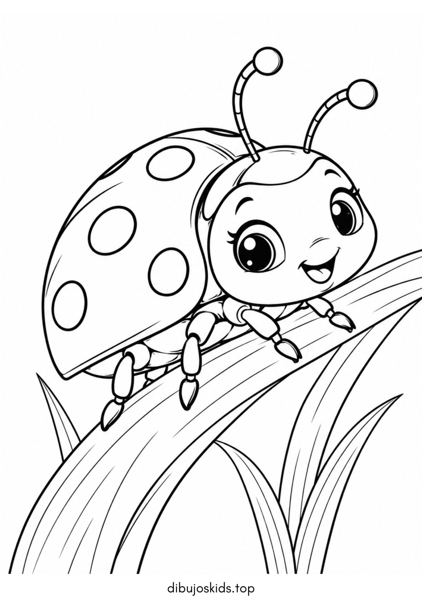 Dibujo de Mariquita sobre una brizna de pasto para colorear