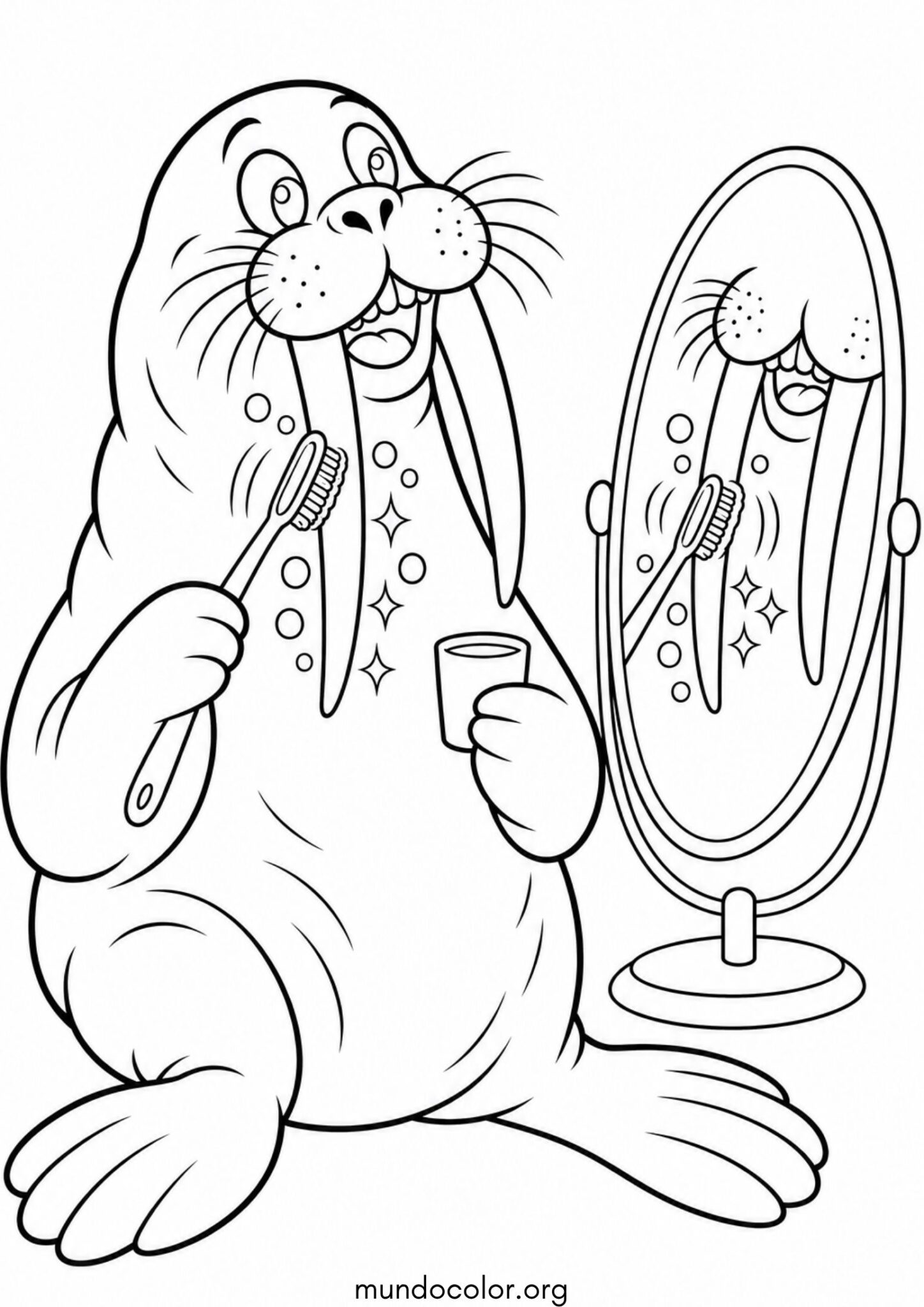 Dibujo de Morsa cepillándose los dientes y sus largos colmillos frente al espejo para colorear
