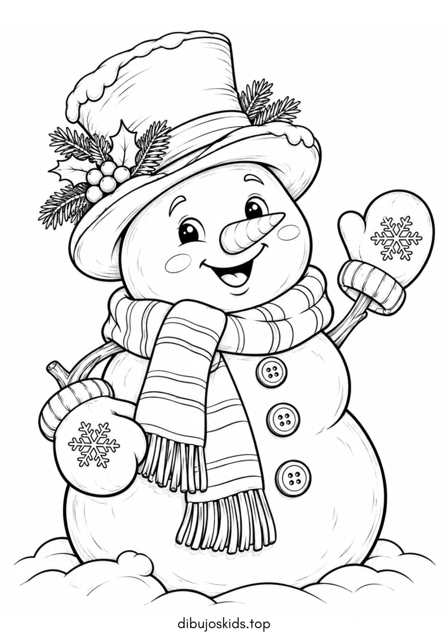 Dibujo de Navidad: Muñeco de nieve con bufanda y sombrero para colorear