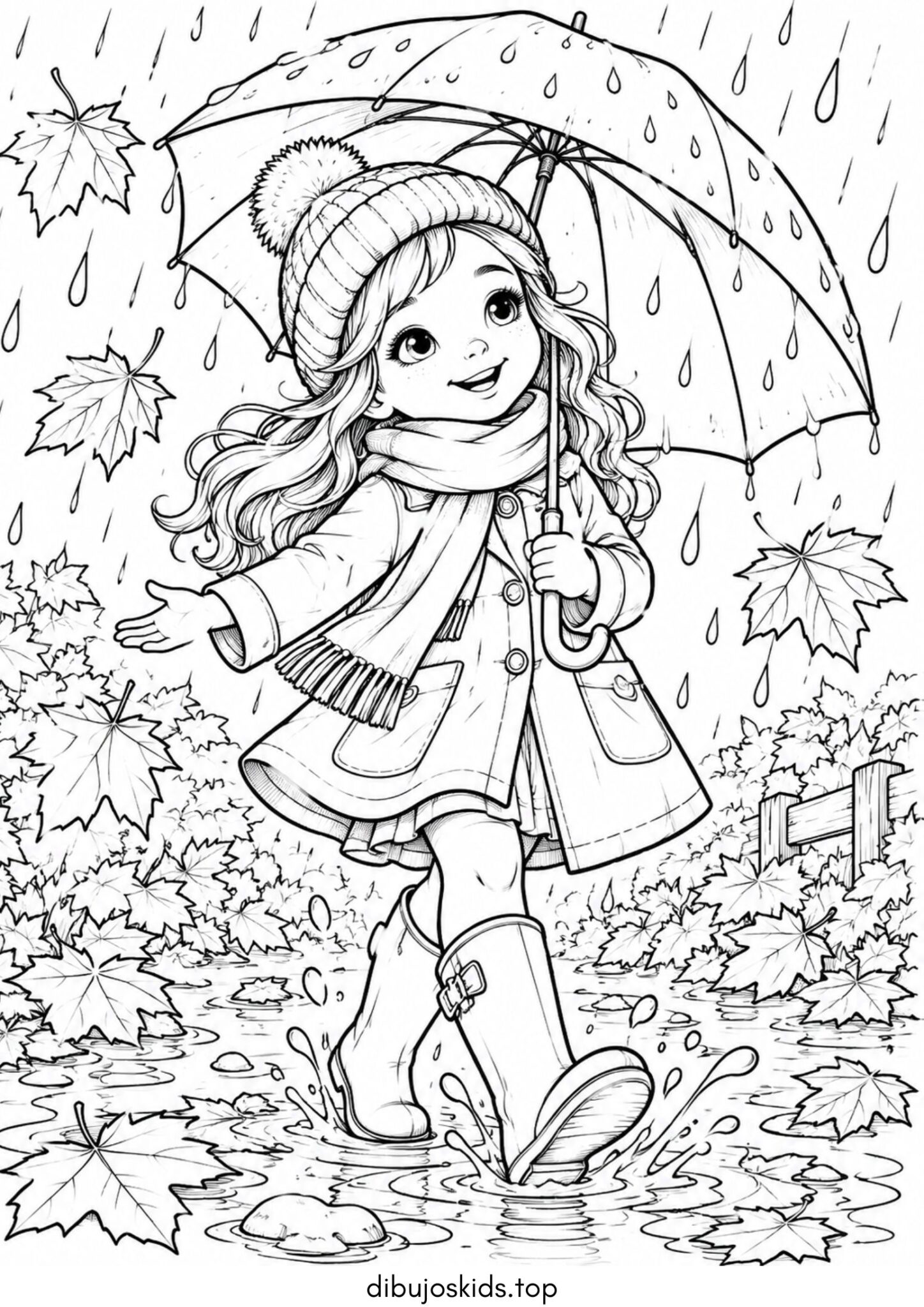 Dibujo de Otoño: Niña con paraguas y botas de agua para imprimir Dibujo de Otoño: Niña con paraguas y botas de agua para colorear