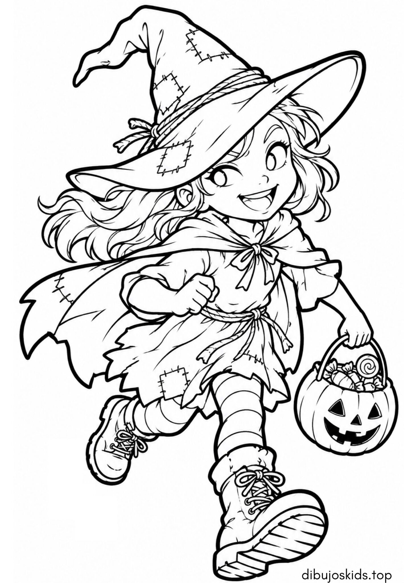 Dibujo de Niña disfrazada de brujita de Halloween para colorear